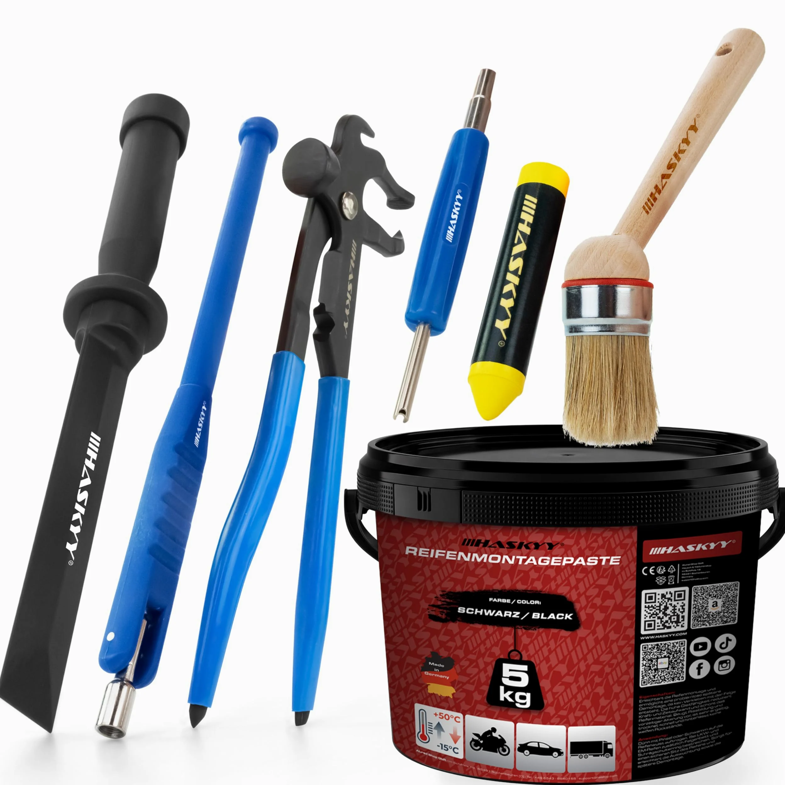HASKYY Pasta de Montaje para Neumáticos Negra 5 kg – Kit de Montaje de Neumáticos con Extractor de Válvulas, Instalador de Válvulas, Alicate de Equilibrado para Pesos Adhesivos y de Golpe & Tiza Grasa
