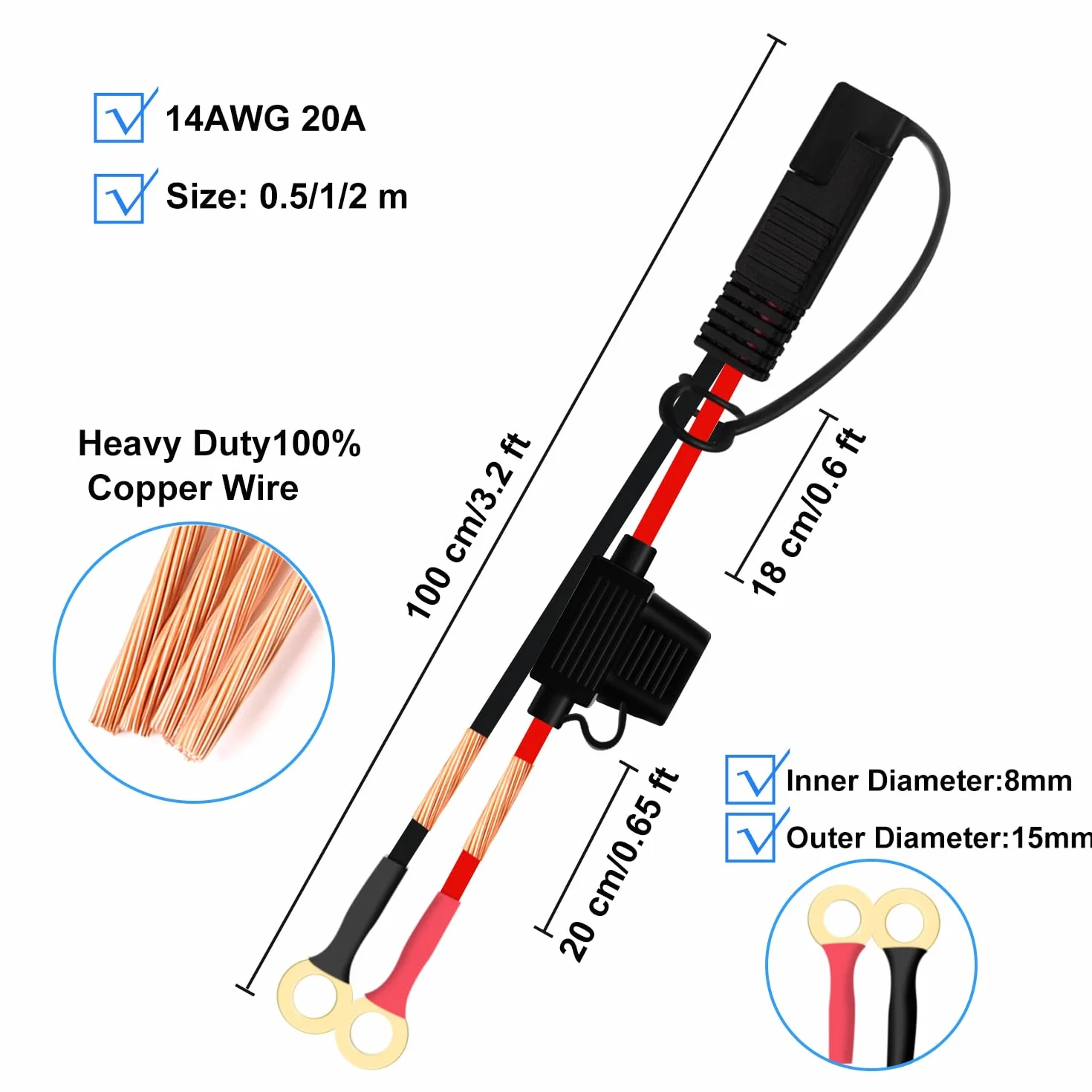 SAE Cable con Terminal de Anillo Cable Cargador Bateria Moto 14AWG 20A Cable Bateria Moto SAE con Fusible para Motocicletas, Paneles Solares, Automóviles, Barcos (1 m)