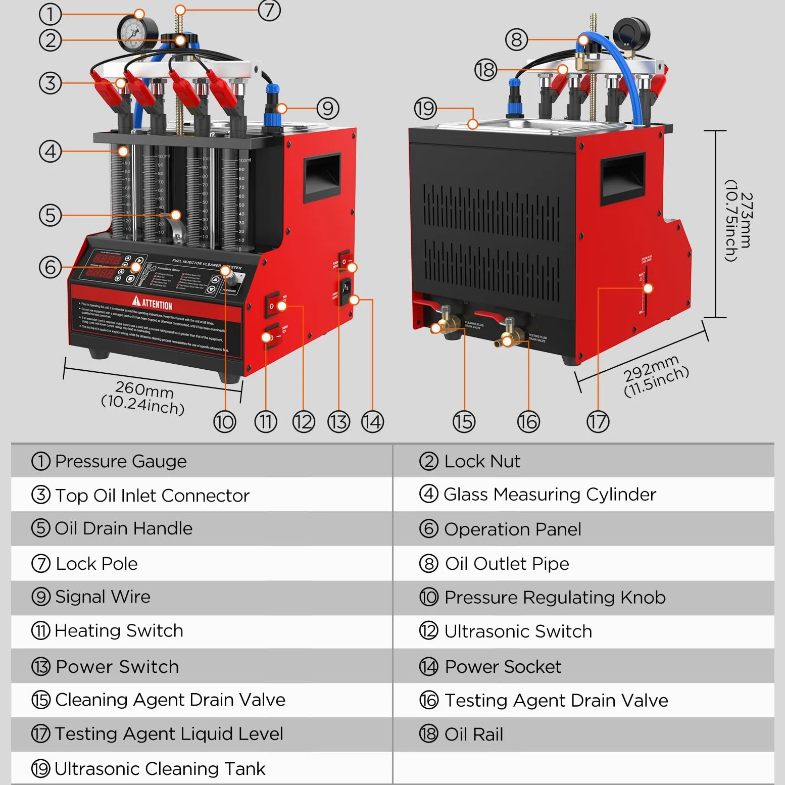 Limpiador de inyectores CT160 con calefacción, probador de inyectores para motores de 4 cilindros,para inyectores de gasolina de inyección directa con boquilla piezoeléctrica de 11 funciones,110V/220V | 11 programas de prueba, limpieza ultrasónica con cal