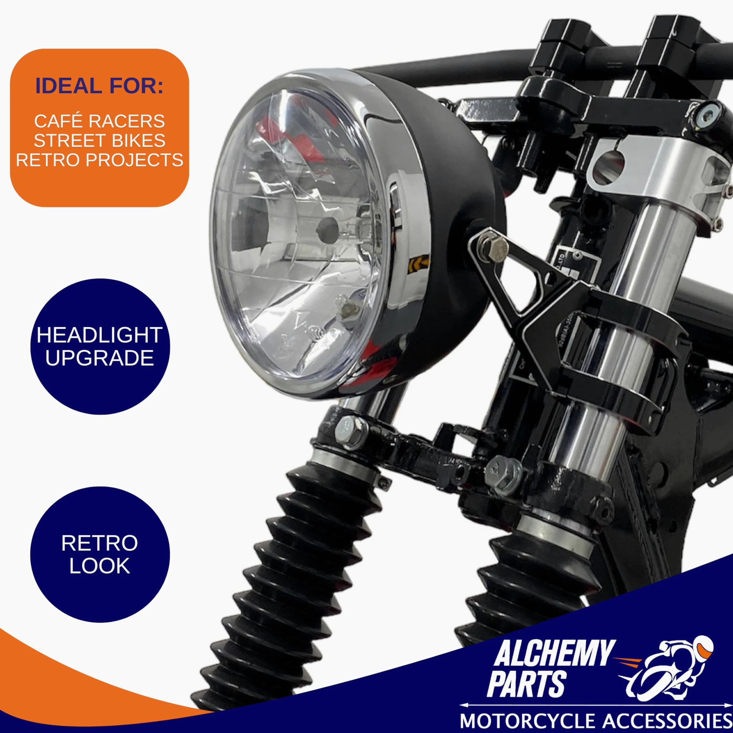 Alchemy Parts - Faro de moto, 165 mm de diámetro, universal para Retro-Café-Racer, Custom Street Bike, Project Roadster, Homologado con E-Prüfzeichen (negro mate con llanta cromada)