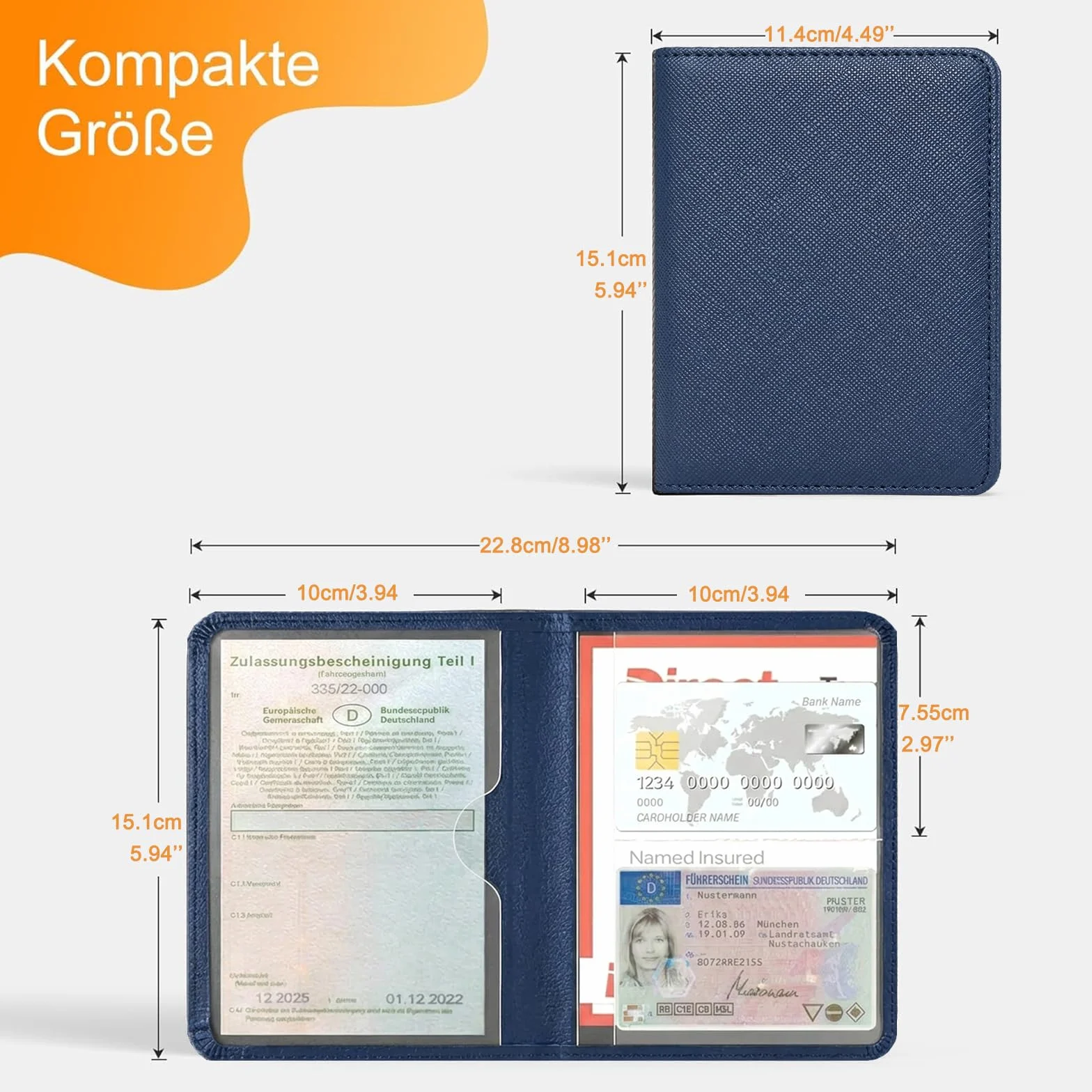 Caweet Soporte para registro de coche y seguro – Organizador de guantera de coche – Portadocumentos de cuero para carné de conducir, carné de identidad y tarjetas, azul-1