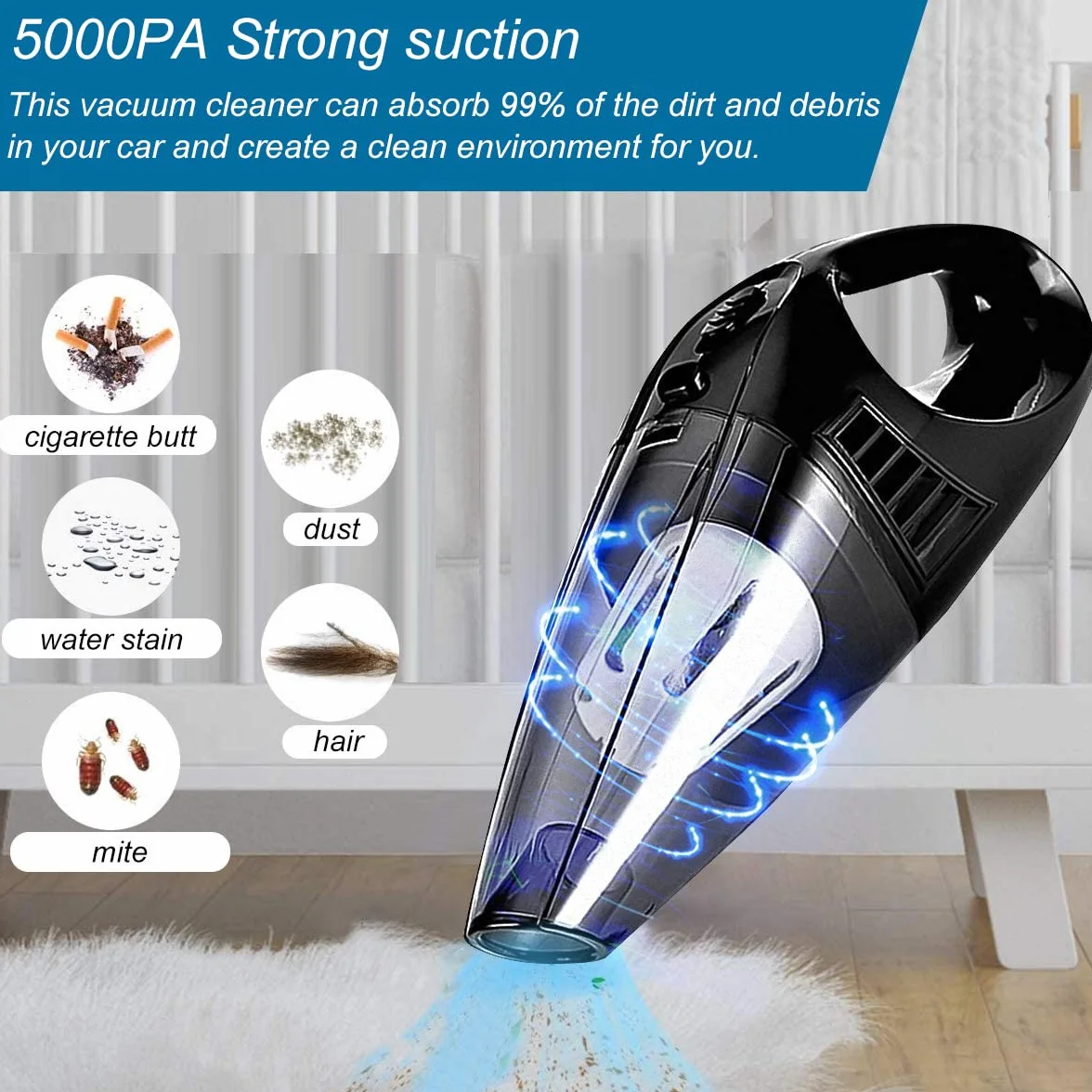 Aspirador de coche Aspirador portátil de mano 120W Aspirador en seco/húmedo 5KPA Potencia de succión 22000r/min Velocidad nominal con cable de alimentación de 11,5 pies para el hogar, automóvil