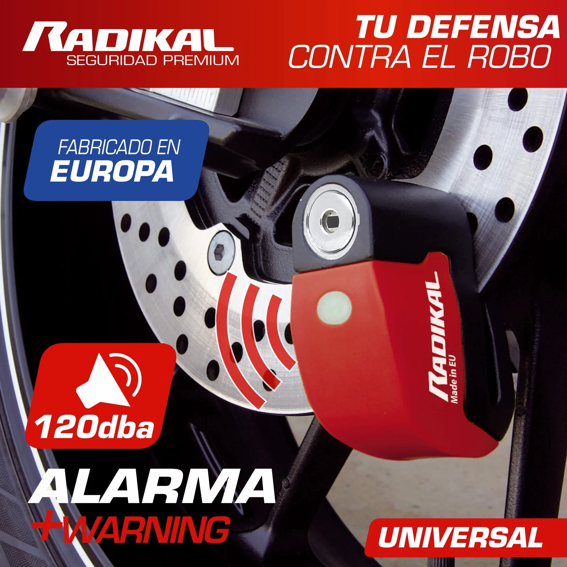 RADIKAL RK6 Candado Moto Disco Alarma 120db, Boton ON, Warning Avisador, Módulo Remplazable Impermeable, Pila CR2 Larga Duración, Antirrobo Pinza Freno Universal para Motos Scooter Bicicleta Patinete