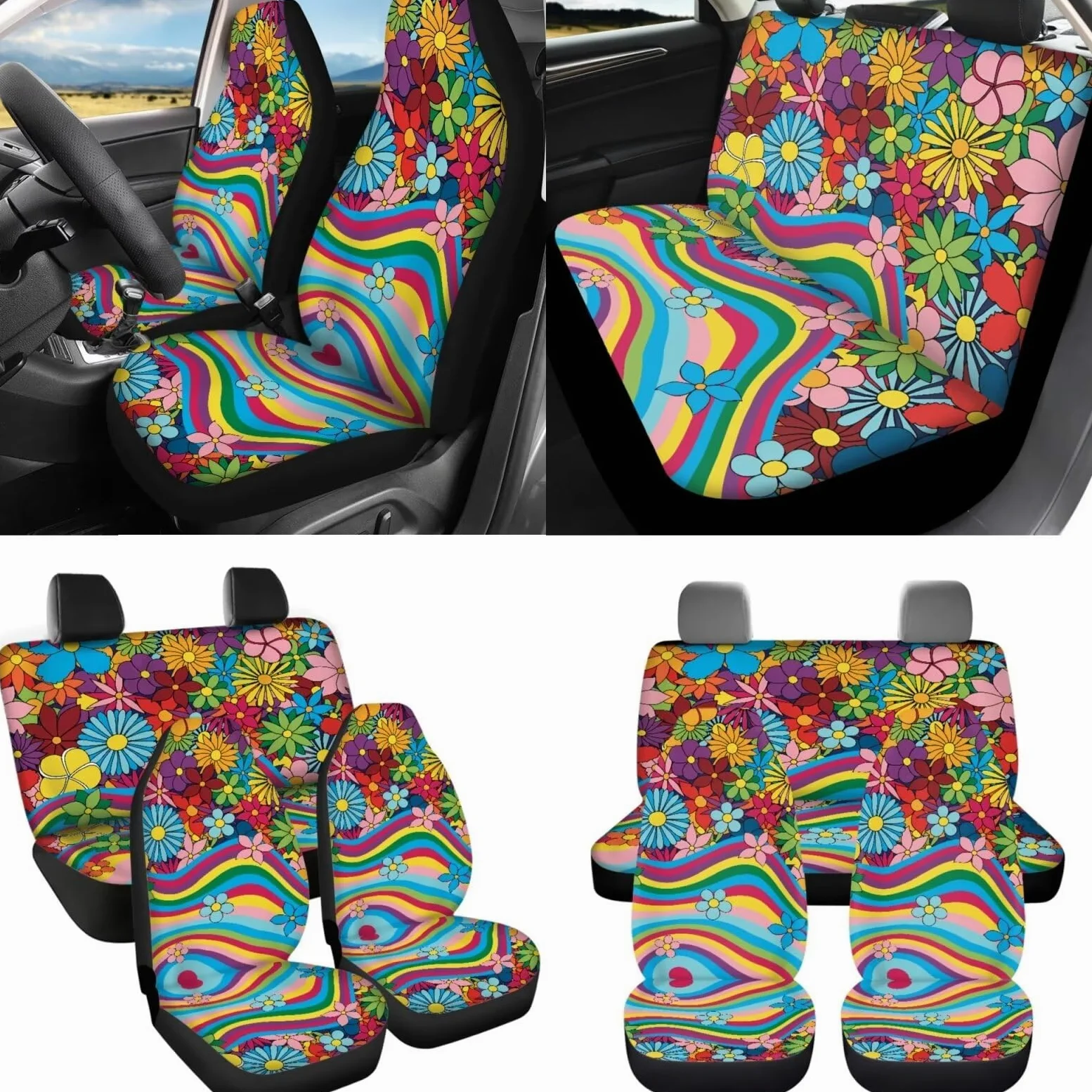Juego completo de fundas para asientos de coche 70S Floral, juego de 10 con estampado de ondas arcoíris hippie, funda para volante, bolsa de basura