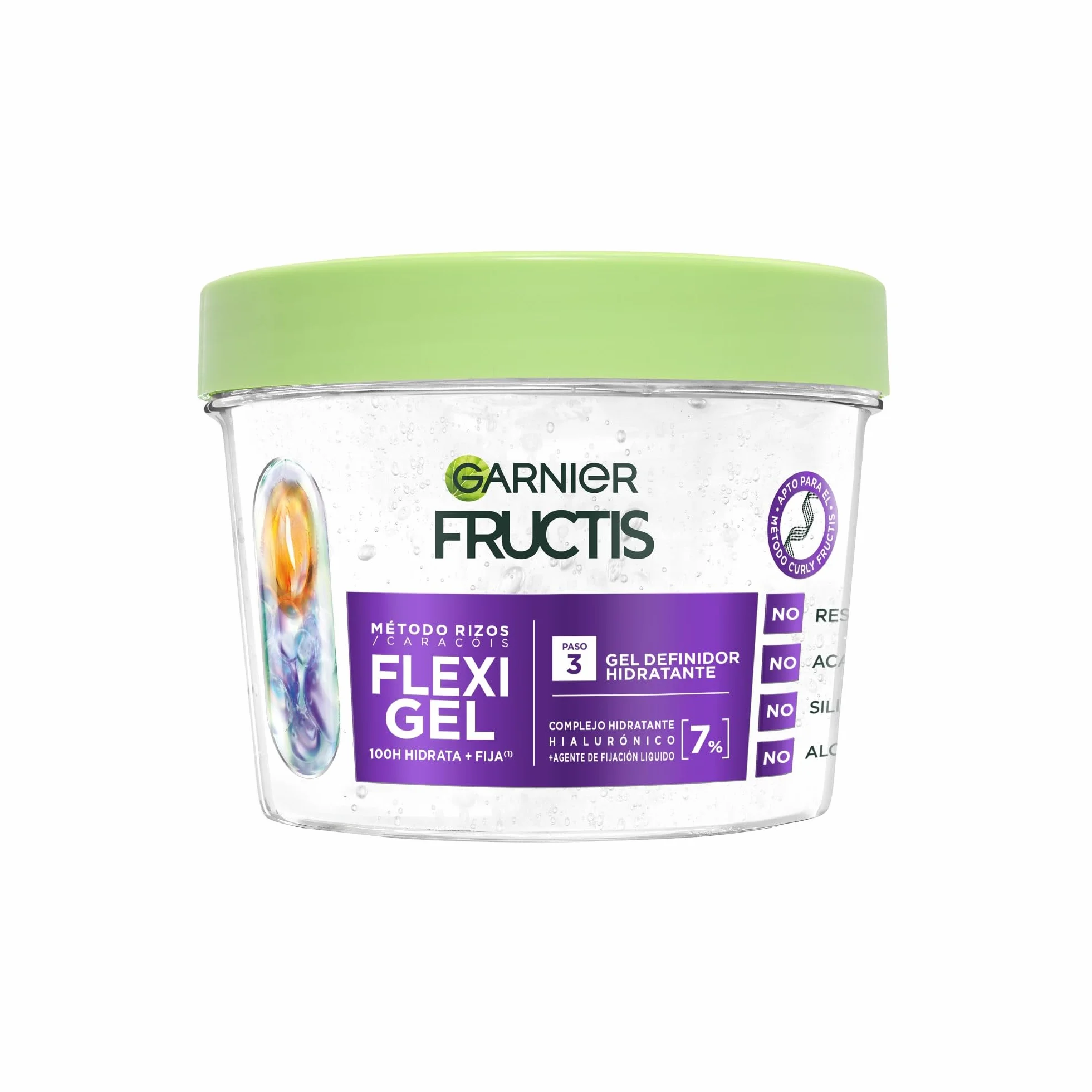 Garnier Fructis Curls Method Flexi Hold Gel Paso 3 Gel de peinado hidratante para todo tipo de rizos, 100H hidratación, ácido hialurónico