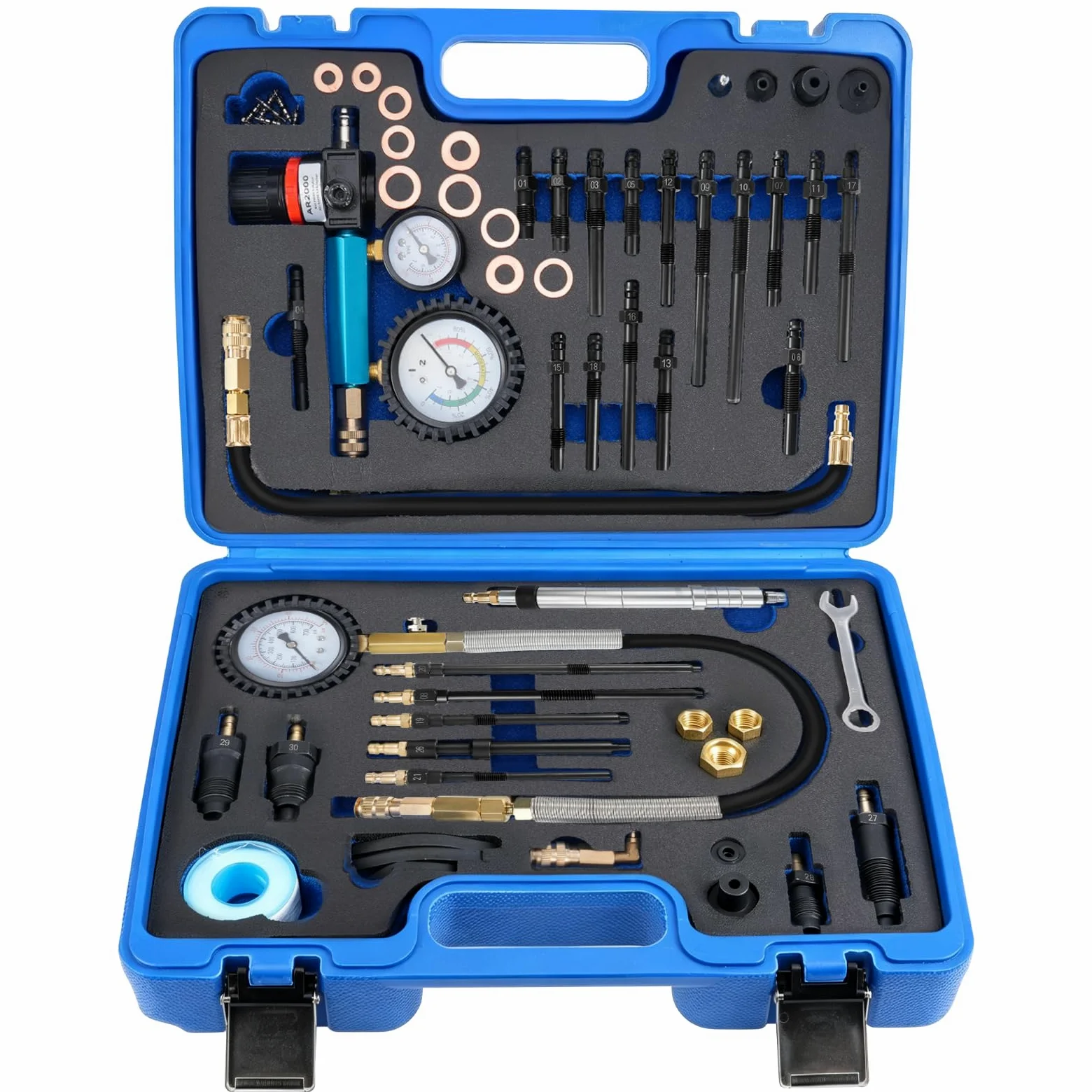 Comprobador de compresión profesional de 46 piezas, 0 – 50 bar (0-725 psi) para HDI, TDCi, probador de presión de compresión diésel y motores de gasolina para coches, camiones, motocicletas M8, M10