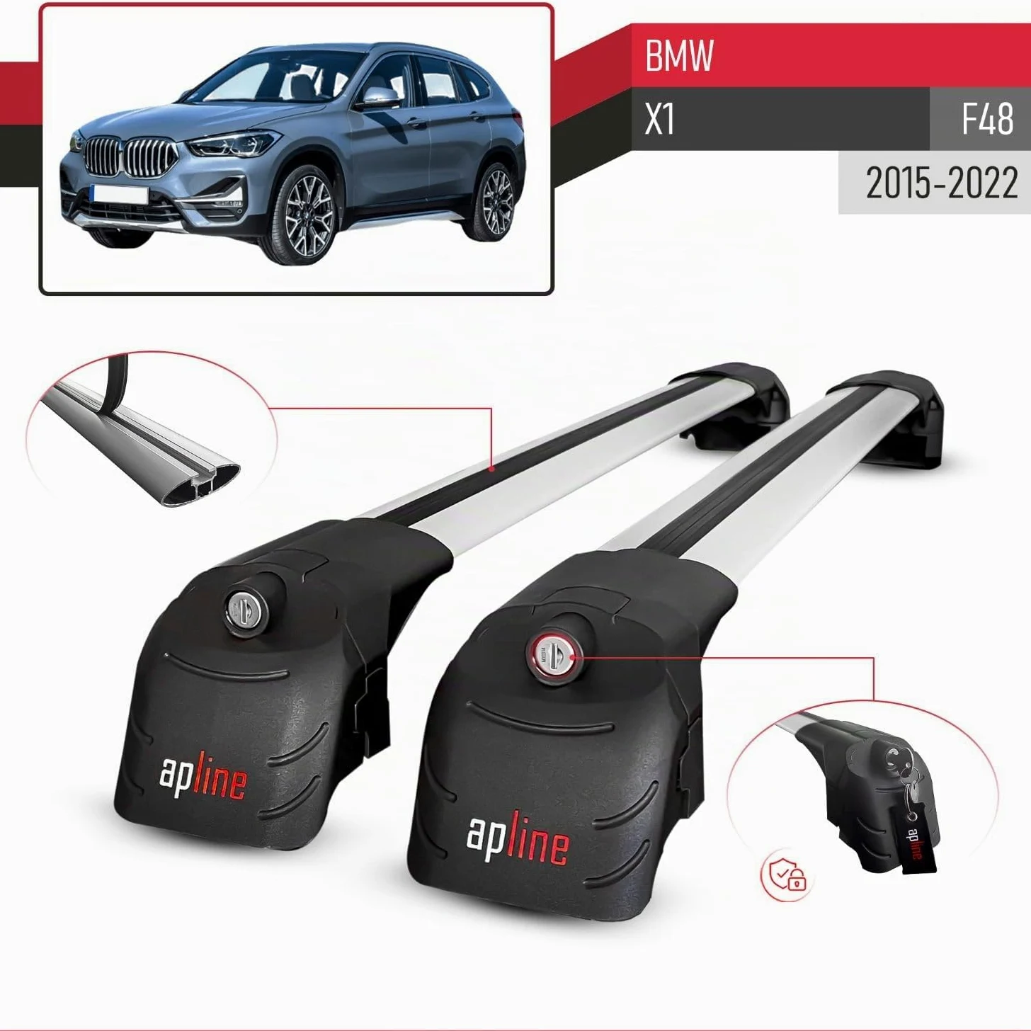 Compatible con BMW X1 (F48) 2016-2022 ACE-2 Barras de Techo Auto Portaequipajes Barras Transversales Gris Aluminio 2 Barras