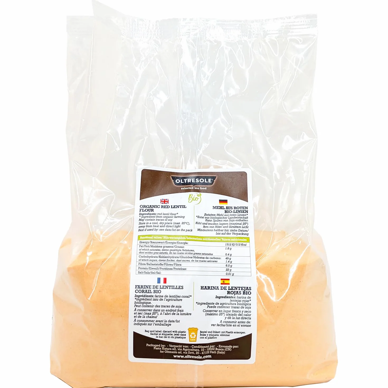Oltresole Farina Italiana di Lenticchie Rosse Biologica 1 kg, Senza Glutine, Ricca di Proteine