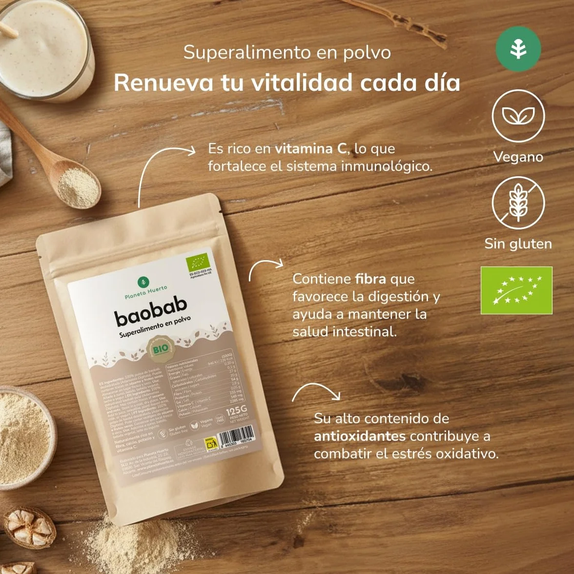 Baobab en Polvo Ecológico 125 g - Superalimento Natural Rico en Vitamina C y Antioxidantes