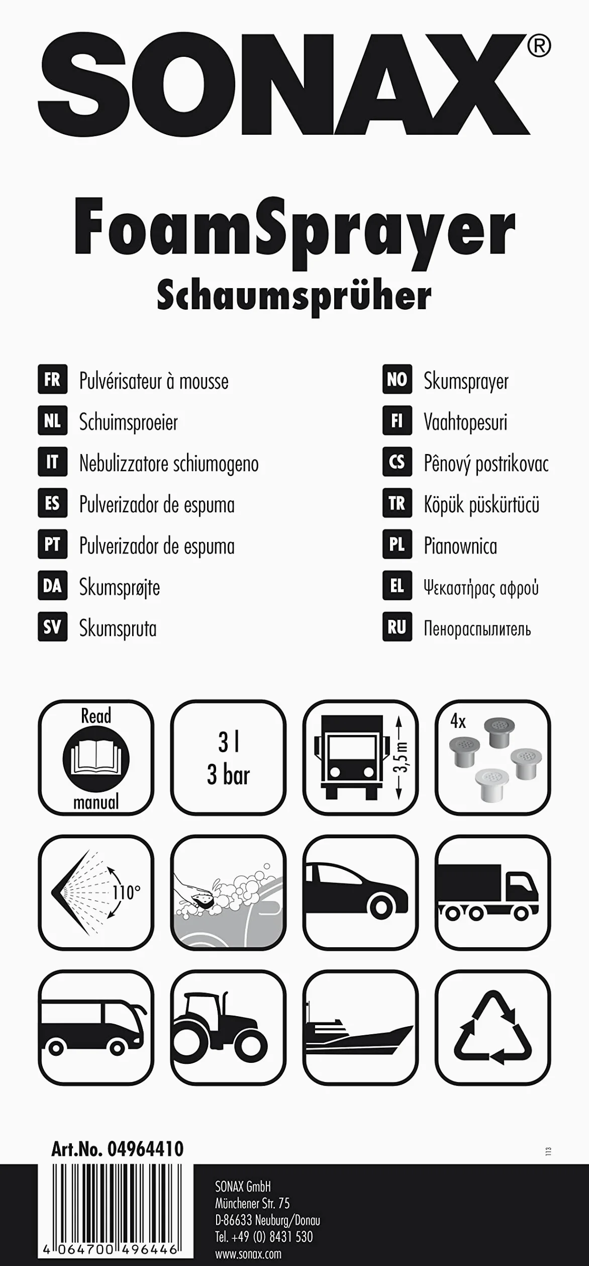 SONAX rociador de espuma (3 l) para reducir el consumo de limpiadores y mejorar el resultado de limpieza | Número de artículo 04964410 | Reducción del consumo de limpiador y mejora el resultado de limpieza