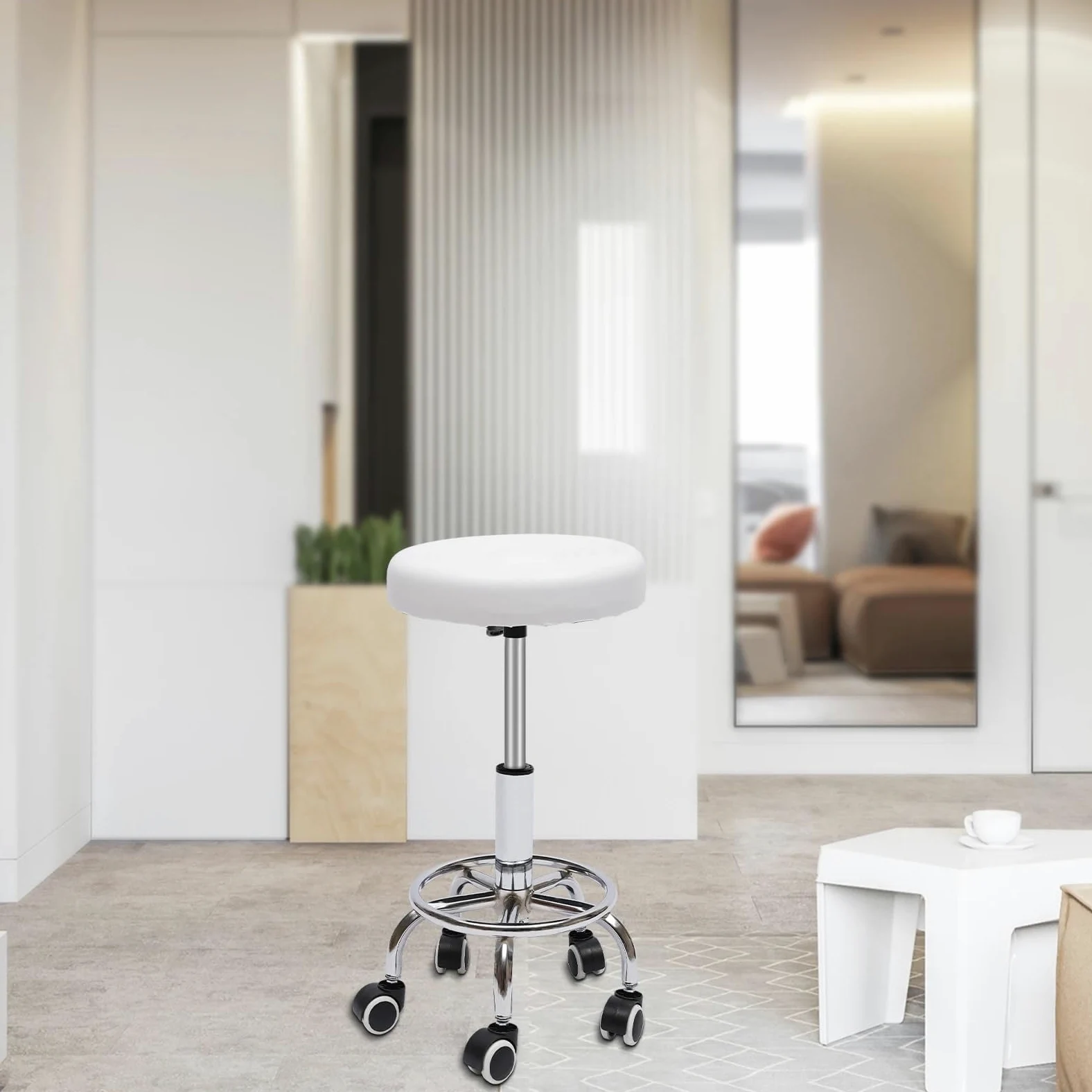 Asiento de mecanico Taburete Redondo con Ruedas y reposapiés de Altura Regulable para masajes de SPA y salón, Color Blanco y Negro Taburete Taller(White)
