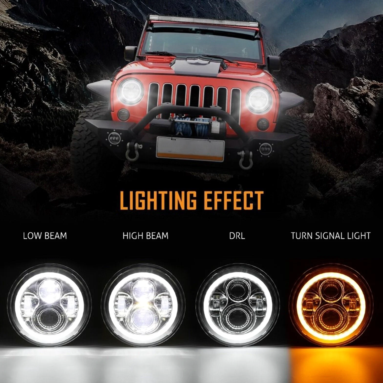 Bombilla para coche 80W coche Led H4 7 pulgadas accesorios de coche Angel Eyes DOT E9 4X4 7 "LED faro Hi-Lo DRL 12V 24V Bombilla LED(Dark Grey)