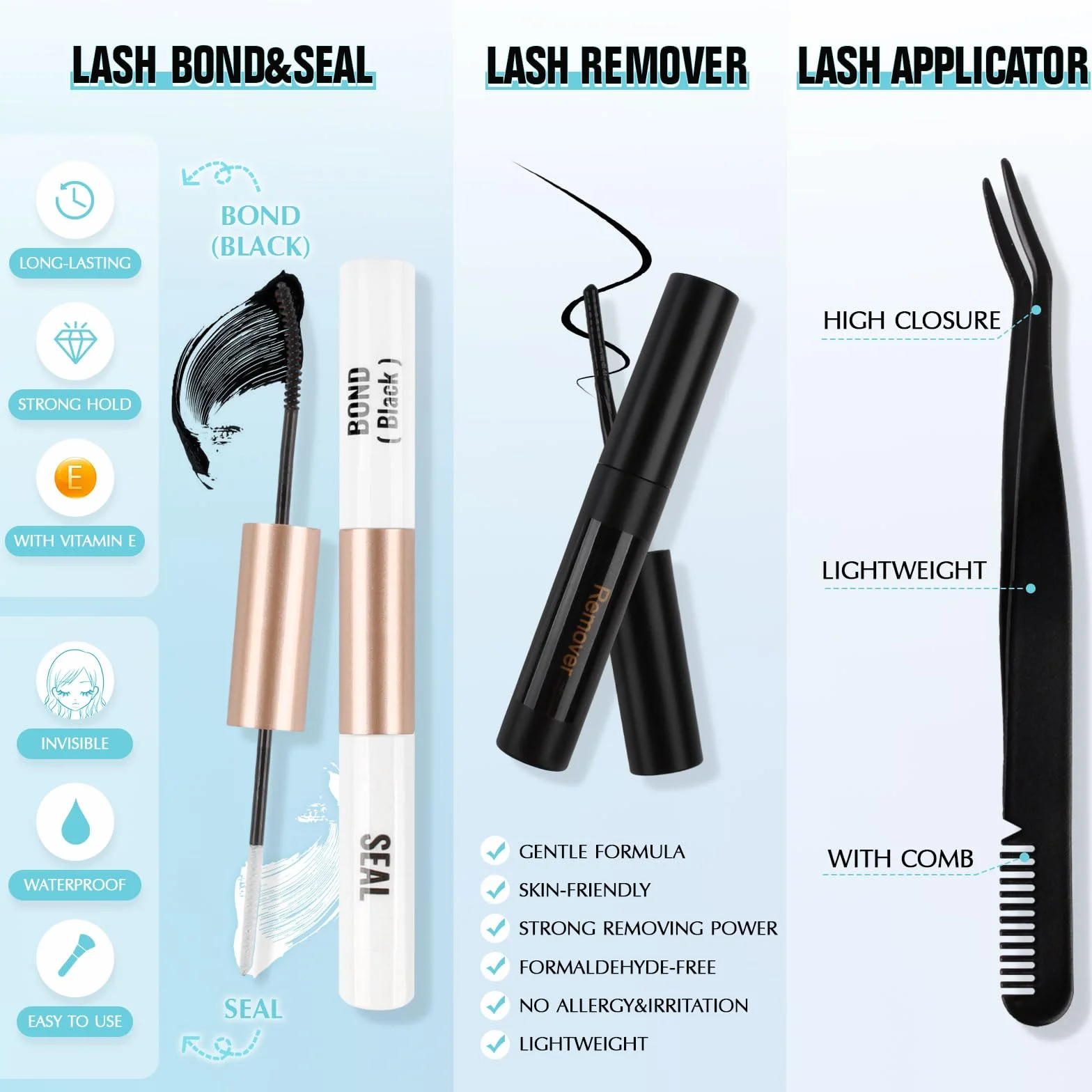 Kit de pestañas individuales Bond&Seal 228PZS 0.1C 8-14 mm 10D 20D pinzas removedor