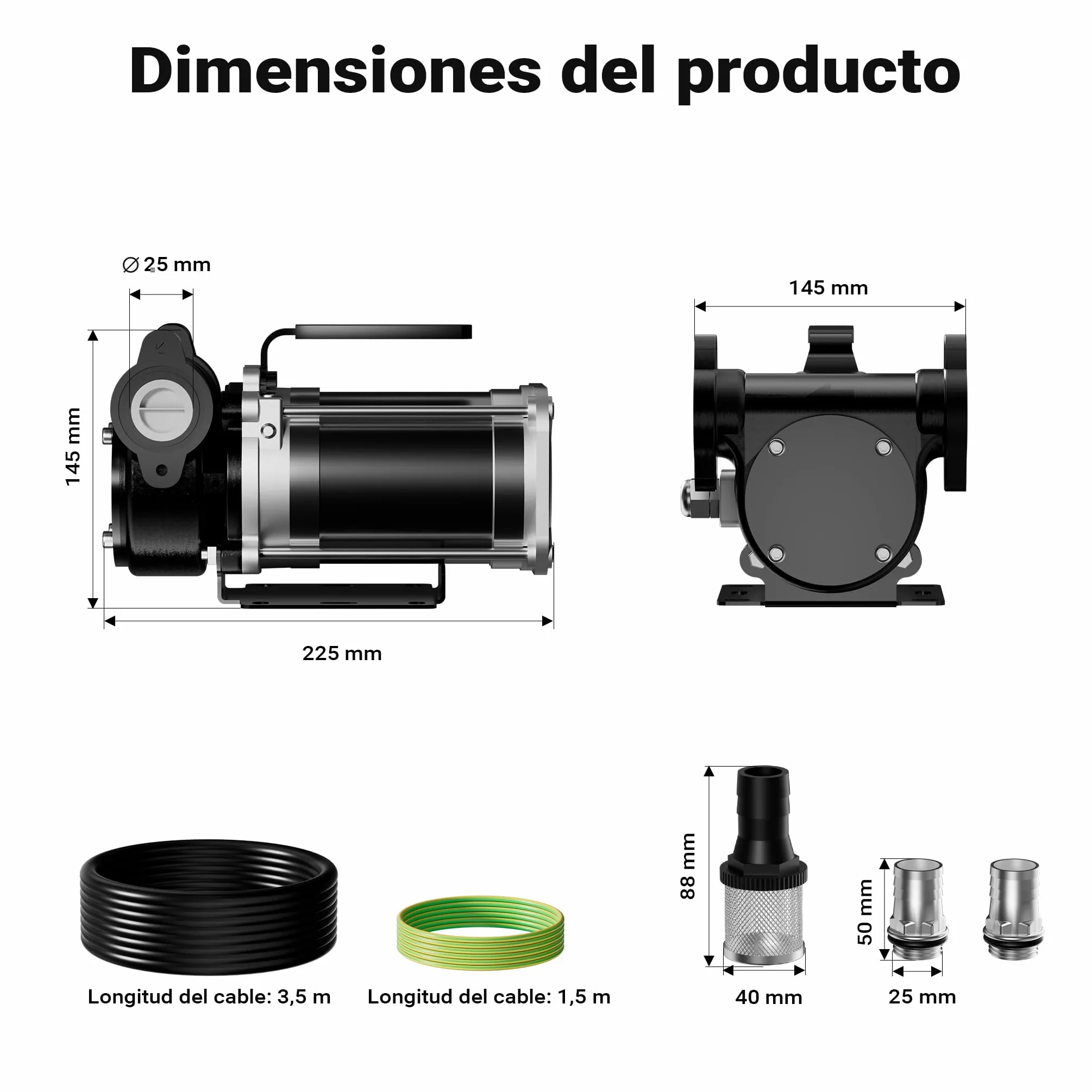 Wiltec Bomba de trasvase gasolina y diésel 12 V, 180 W caudal 57 l/min portátil cable con clips de batería altura máx. 12 m aspiración máx. 2 m autocebante ideal para trasvase desde barriles