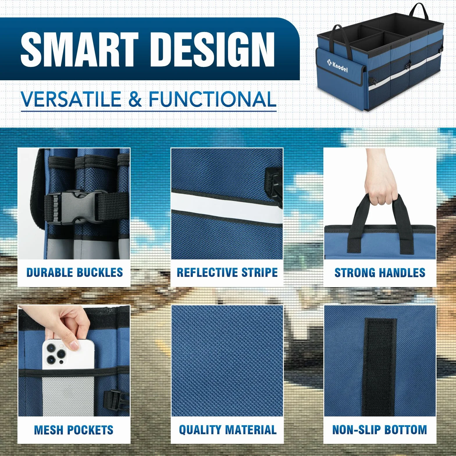 K KNODEL Organizador de Maletero de Coche, Funda Plegable, Organizador de Almacenamiento Plegable Resistente para Maletero de Coche, Organizador de Maletero con Tapa (Mediano, Azul)