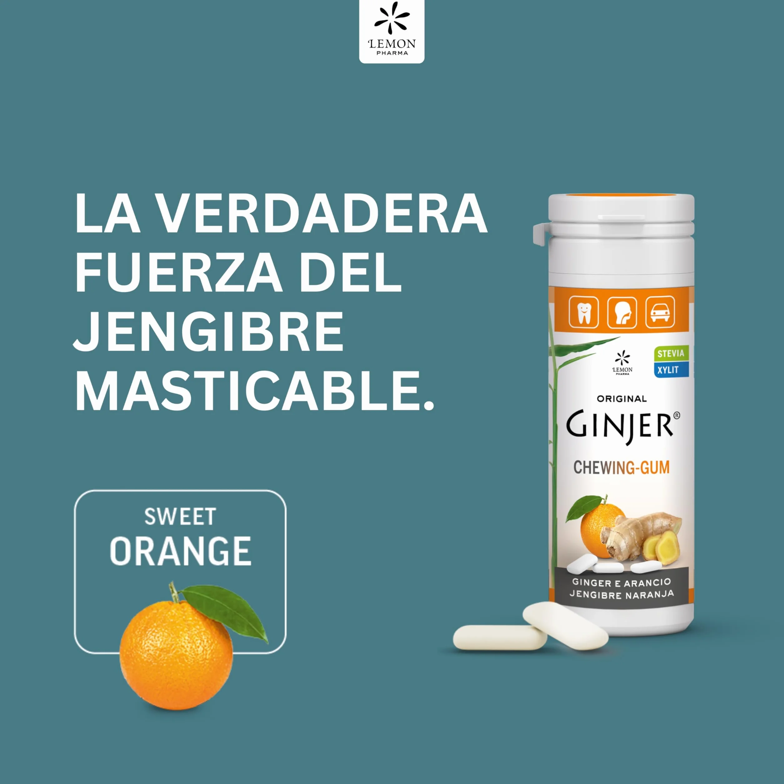 Lemon Pharma GINJER® Chicles de Jengibre-Naranja 30 g goma de mascar vegana sin azúcar