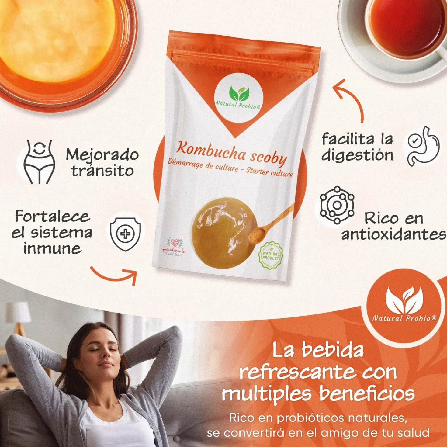 Natural Probio Original Kombucha Scoby Kit de inicio cultivo auténtica cepa madre instrucciones receta consejos