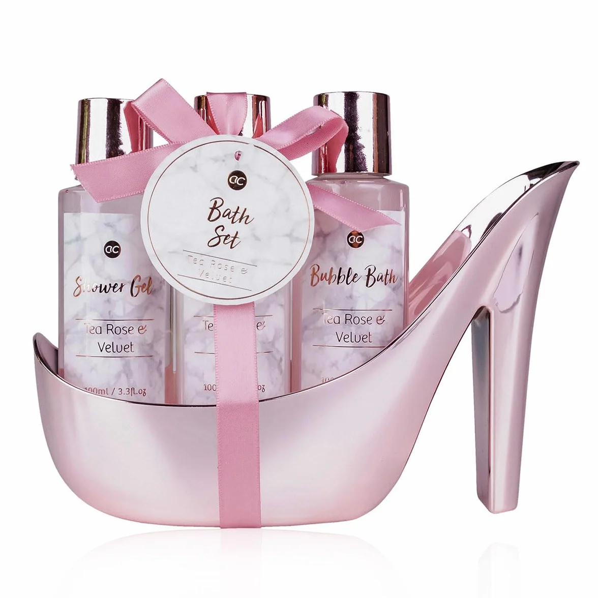 Accentra Set de baño MÁRMOL 3 piezas Gel de ducha, baño de burbujas, loción corporal rosa