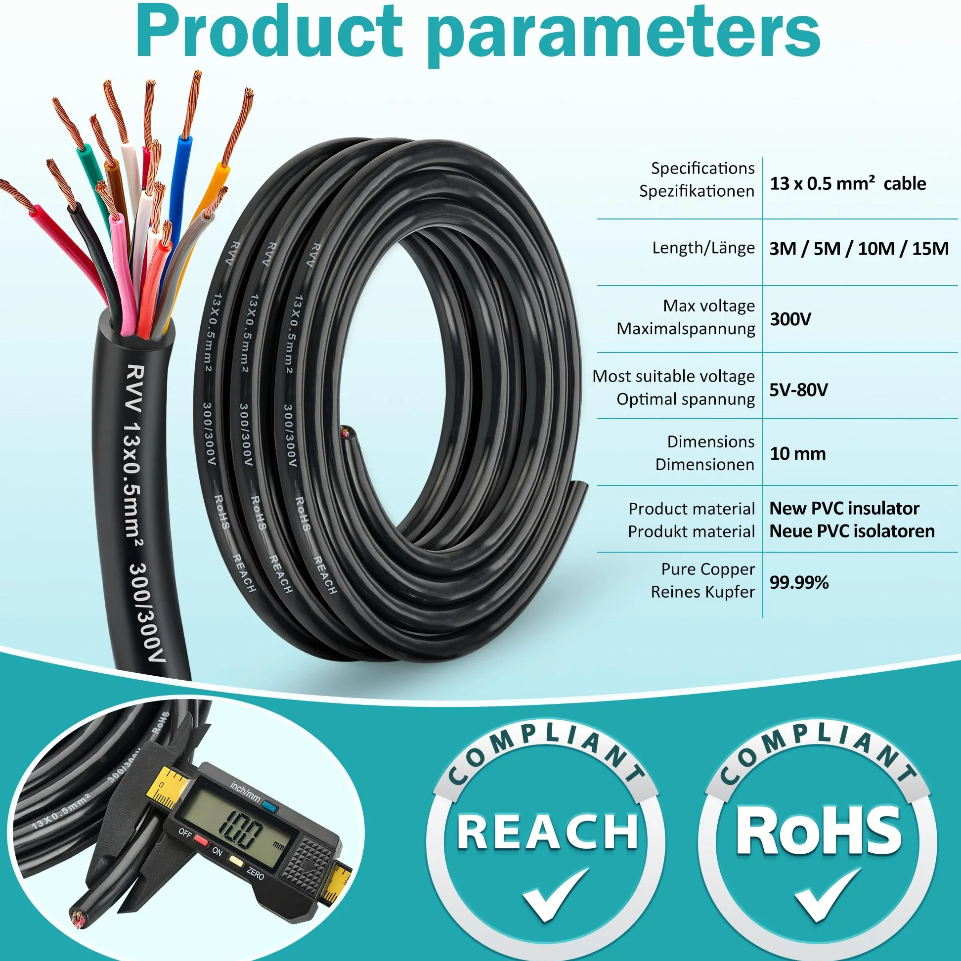 Cable de Remolque 13 Núcleos 0.5mm², 15M 12V/24V para Caravana Coche Barco Remolque