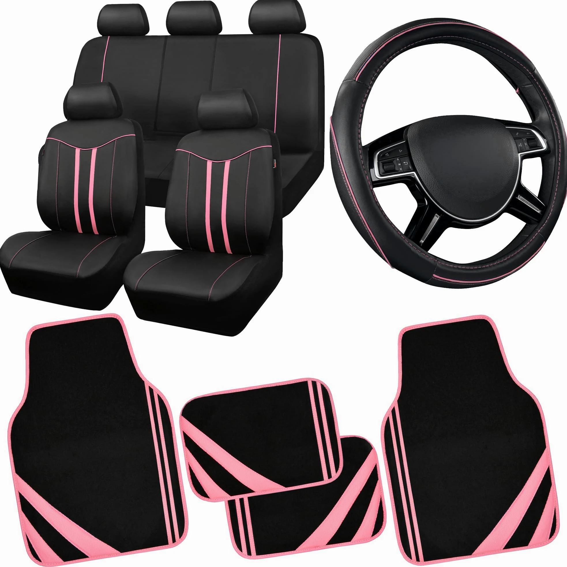CAR PASS Juego completo de fundas de asiento de coche para mujeres y niñas con alfombrillas impermeables para automóvil, funda de volante de cuero antideslizante, ajuste universal para SUV,