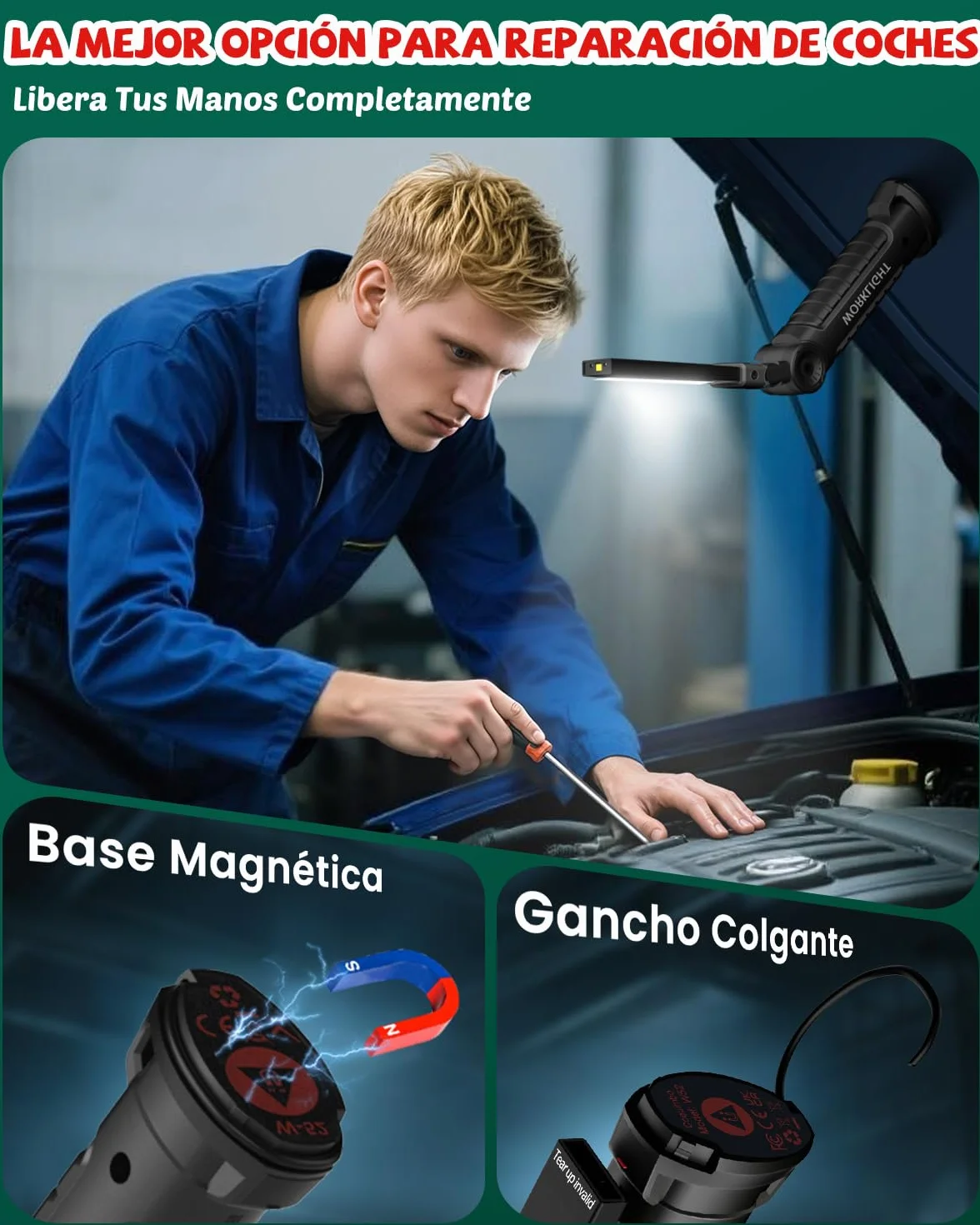 Coquimbo Regalo Hombre Linterna Taller LED Recargable, Linterna Portátil de Trabajo Lámpara de Inspección con Magnética Base y Gancho para Taller Cámping Emergencia(2 Piezas, Negro)