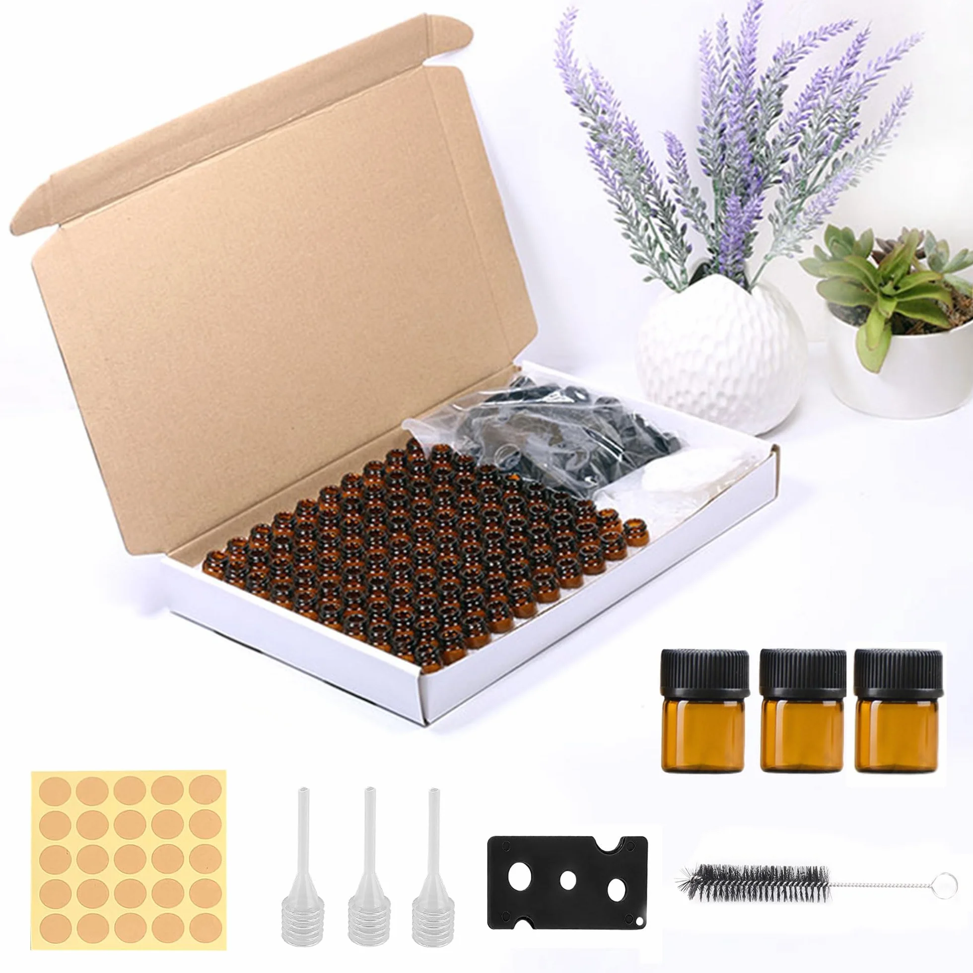 Botellas de cristal ámbar 1 ml mini con pincel y cortador para aceites esenciales