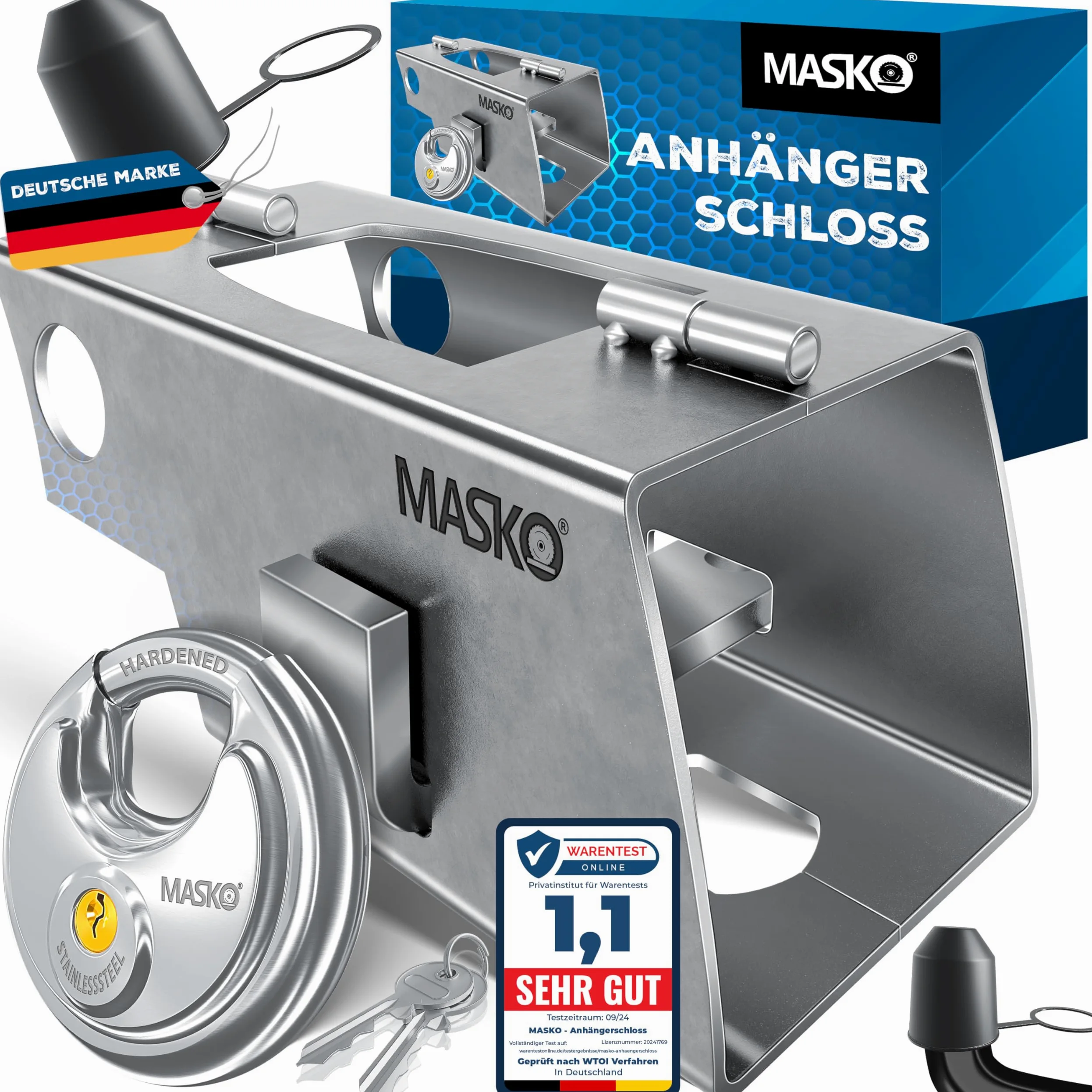 MASKO Candado de Remolque Sistema de Bisagras Antirrobo para Caravana con Candado de Disco, Llave y Tapa Protectora, Plata