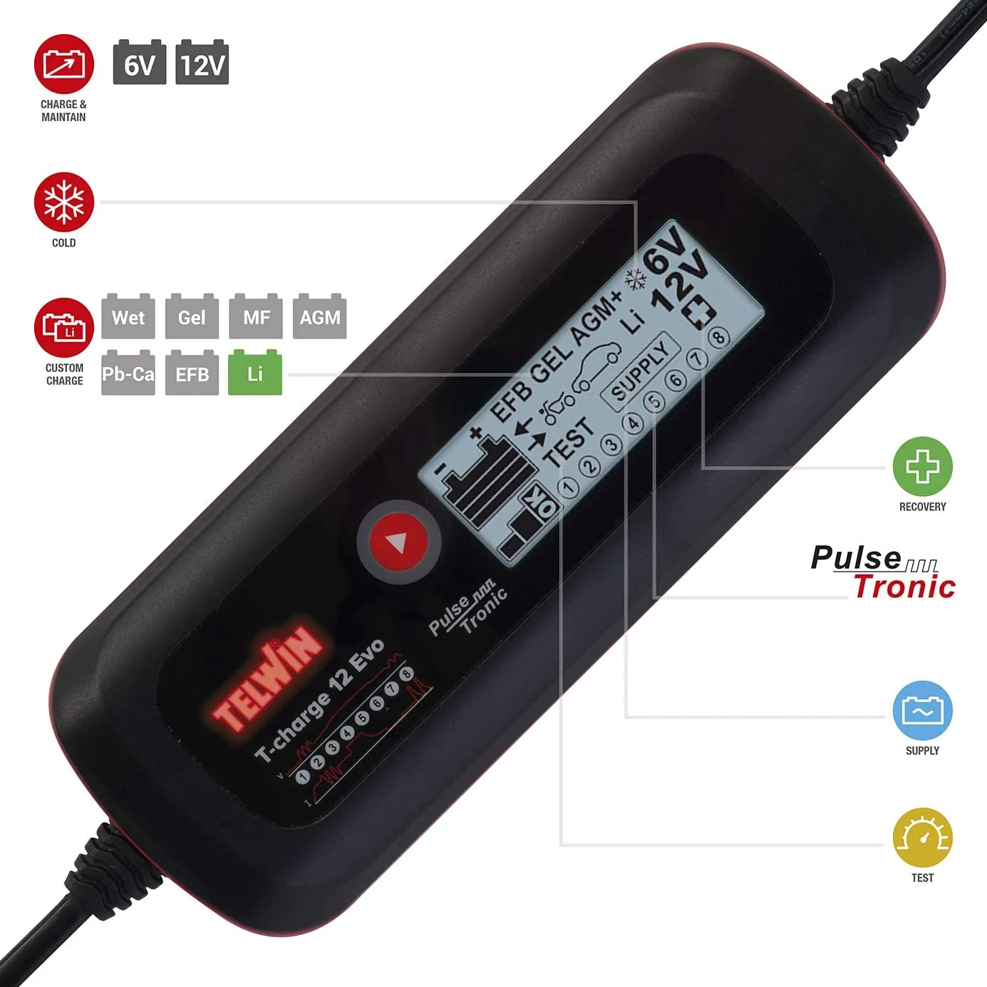 Telwin 807578 Cargador de baterías, mantenedor de carga y tester electrónico multifunción T-CHARGE 12 EVO