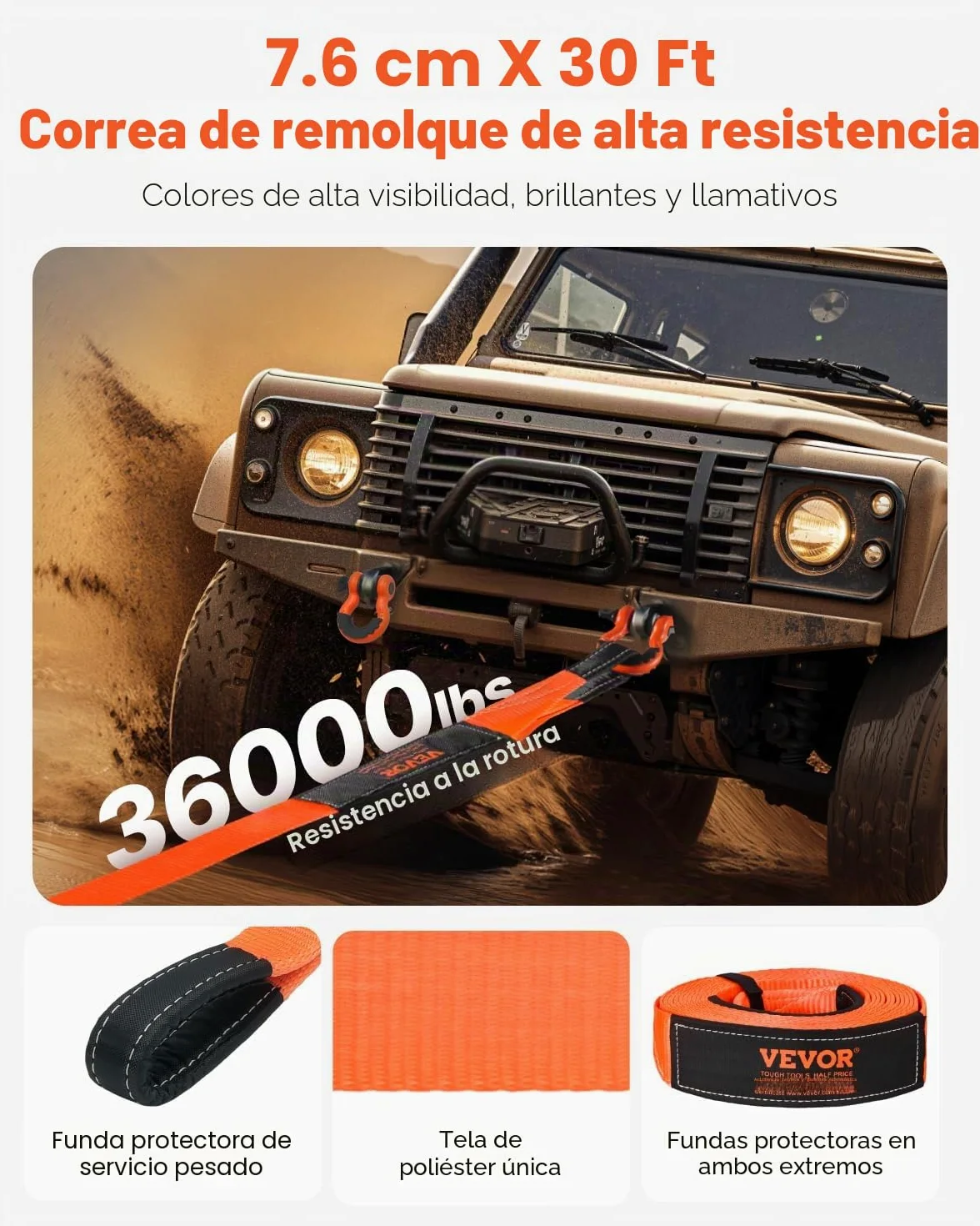 VEVOR Kit de Recuperación de Correas de Remolque, 76,2 mm x 9,1 m Capacidad de 16329 kg Correa de Cabrestante con Fundas Protectoras y Bolsa de Almacenamiento, Grilletes de Anilla en D para SUV, ATV