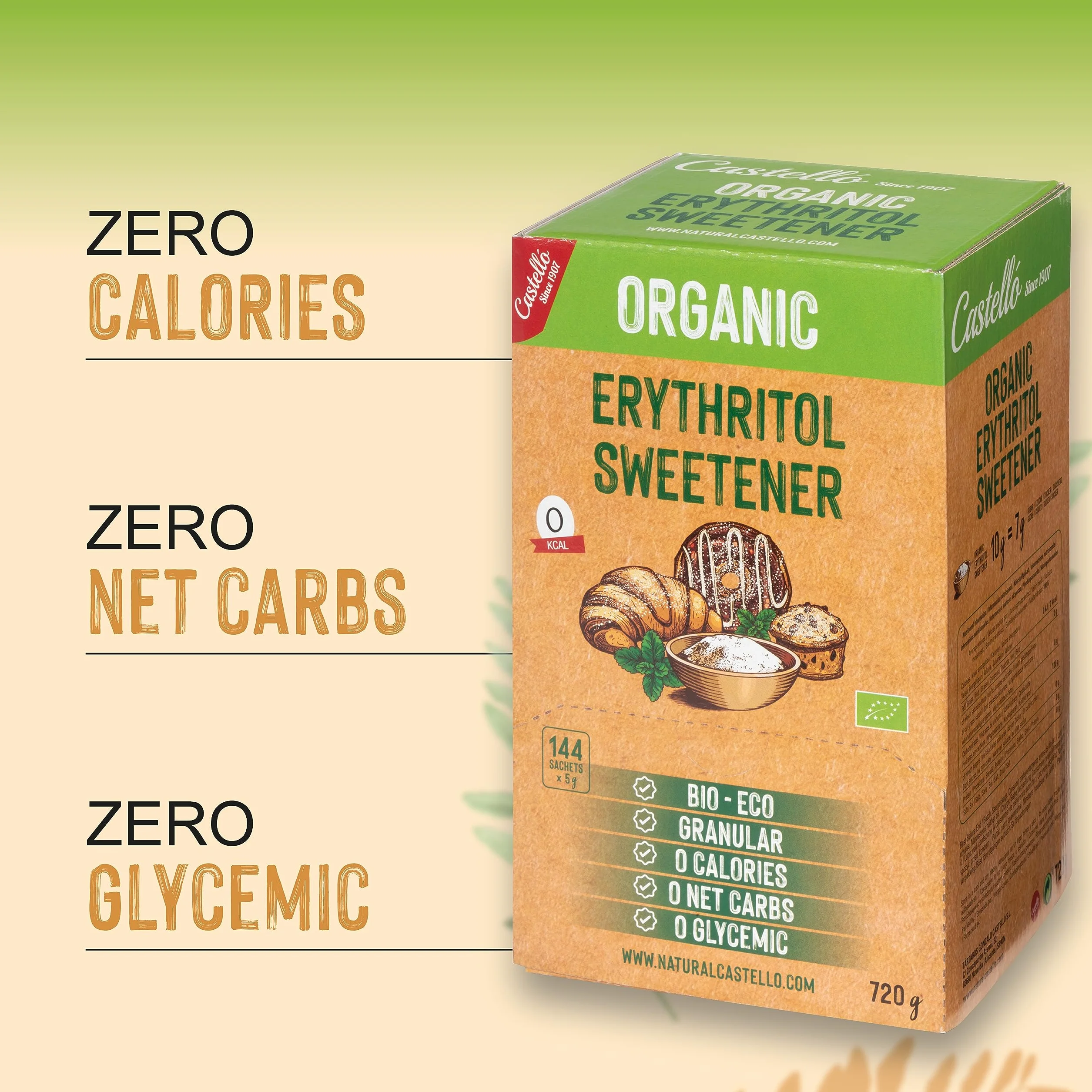 Castello Eritritol Ecológico 144 Sobres 5 g Sustituto del Azúcar Keto Paleo 0 Calorías No OGM 720 g
