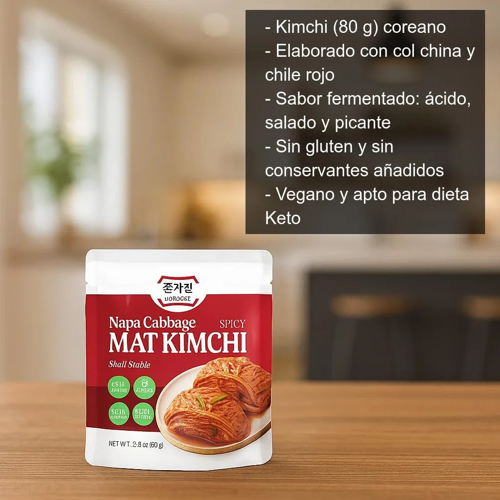 Kimchi coreano fermentado 80 g Pack 3 sobres Col china chile rojo Guarnición picante para ramen arroz noodles vegano sin gluten