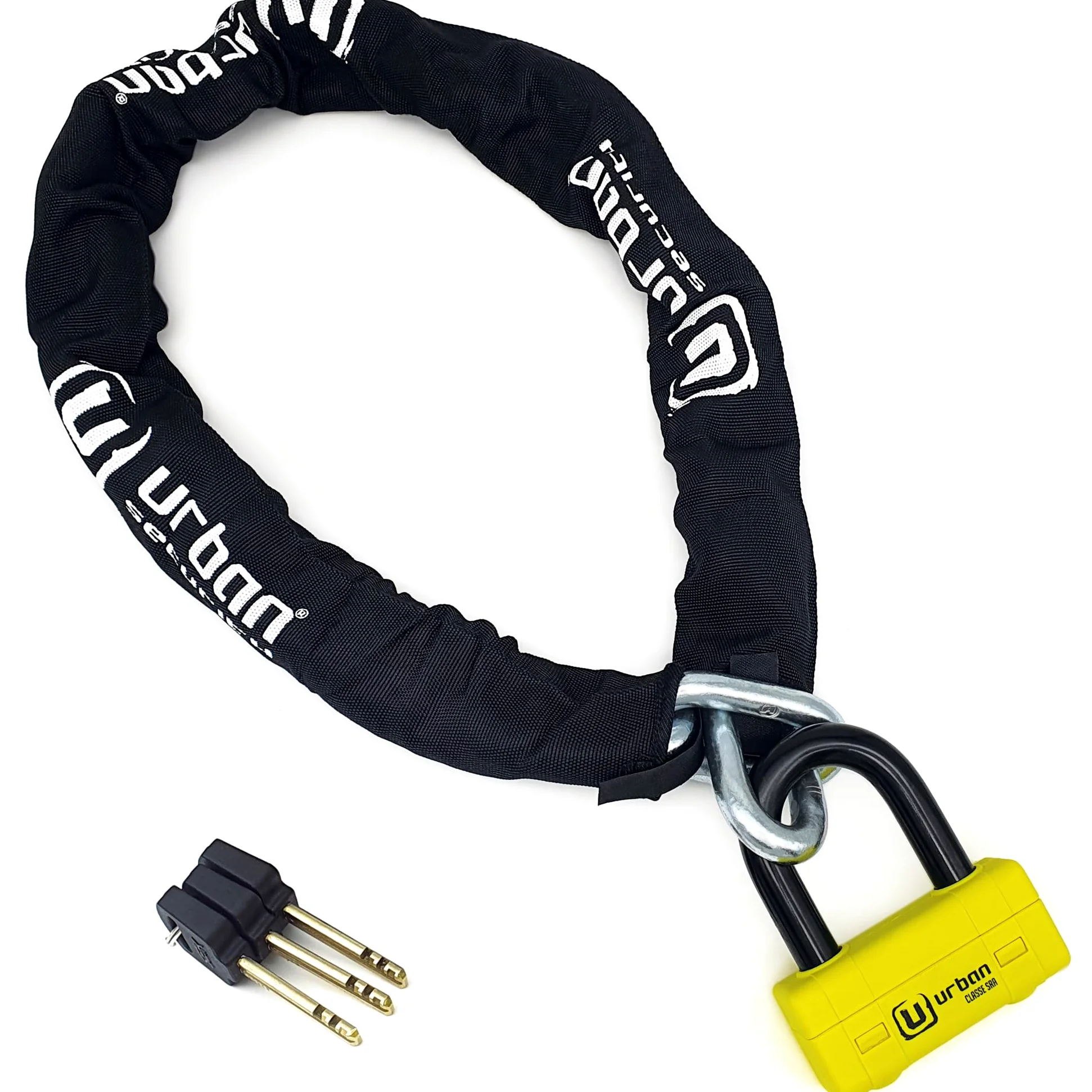 URBAN UR75150 Cadena Candado Antirrobo Pesado ø15mm + Mini U, Alta Seguridad Homologada SRA, 150cm Completamente Testada +Visible, Antirobo Multifunción para Disco Freno, Anclaje, Motocicleta, Parking