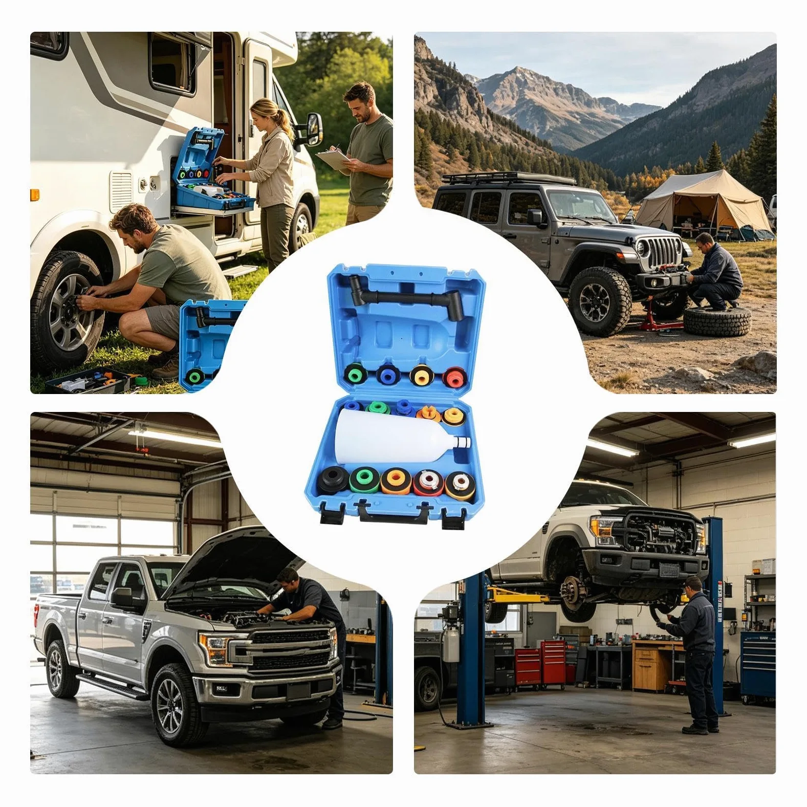 Kit de embudo de 16 Piezas Relleno Flexible Universal Antiderrame | Kit llenado refrigerante radiador para coches, camiones, autocaravanas, lavado y reparación