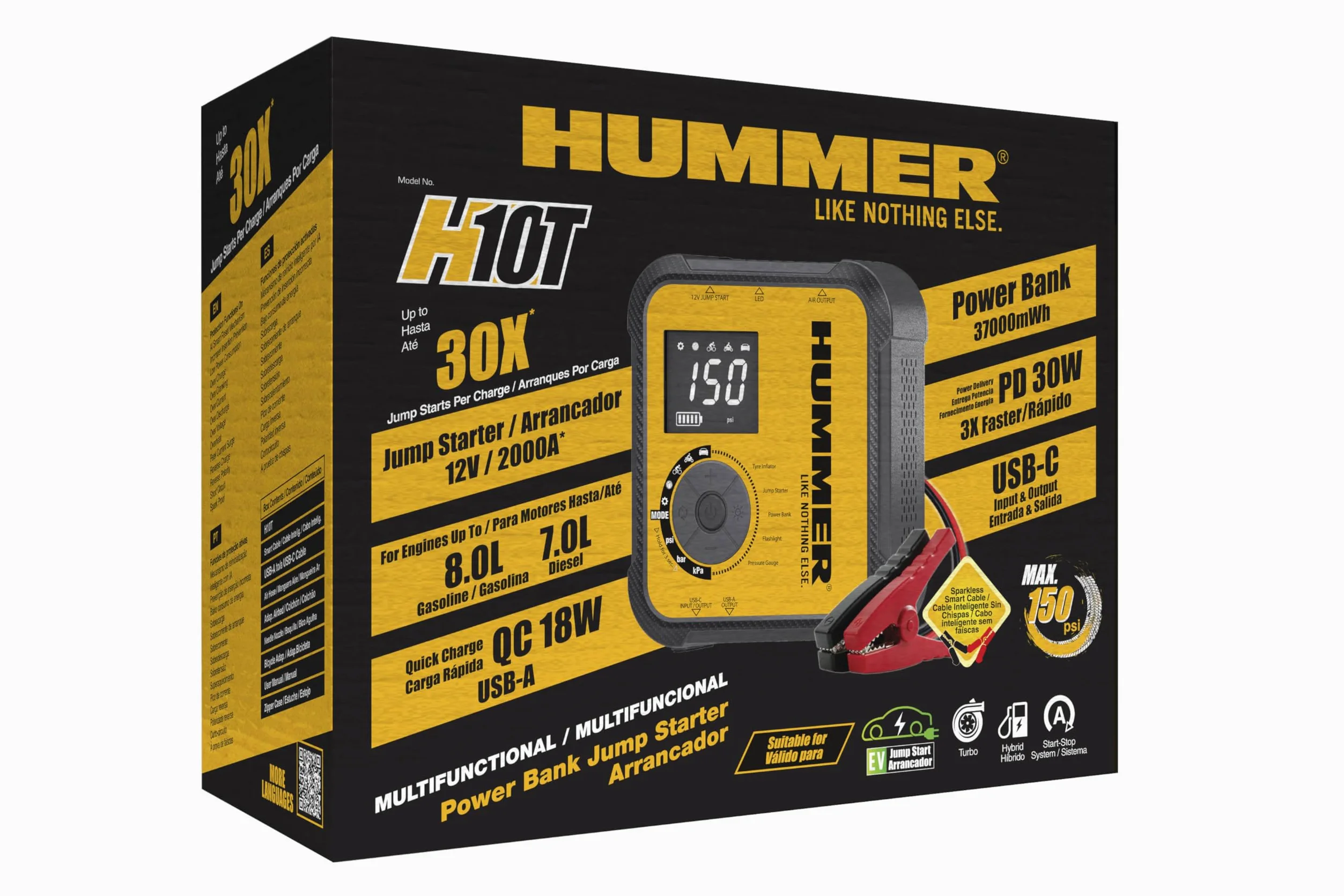 Hummer H10T Arrancador Multifuncional 10000mAh con Compresor 150 PSI, Jump Starter 2000A para Motores Gasolina 8.0L y Diésel 7.0L, Inflador Inalámbrico, Power Bank USB-C PD 30W y USB-A QC 18W