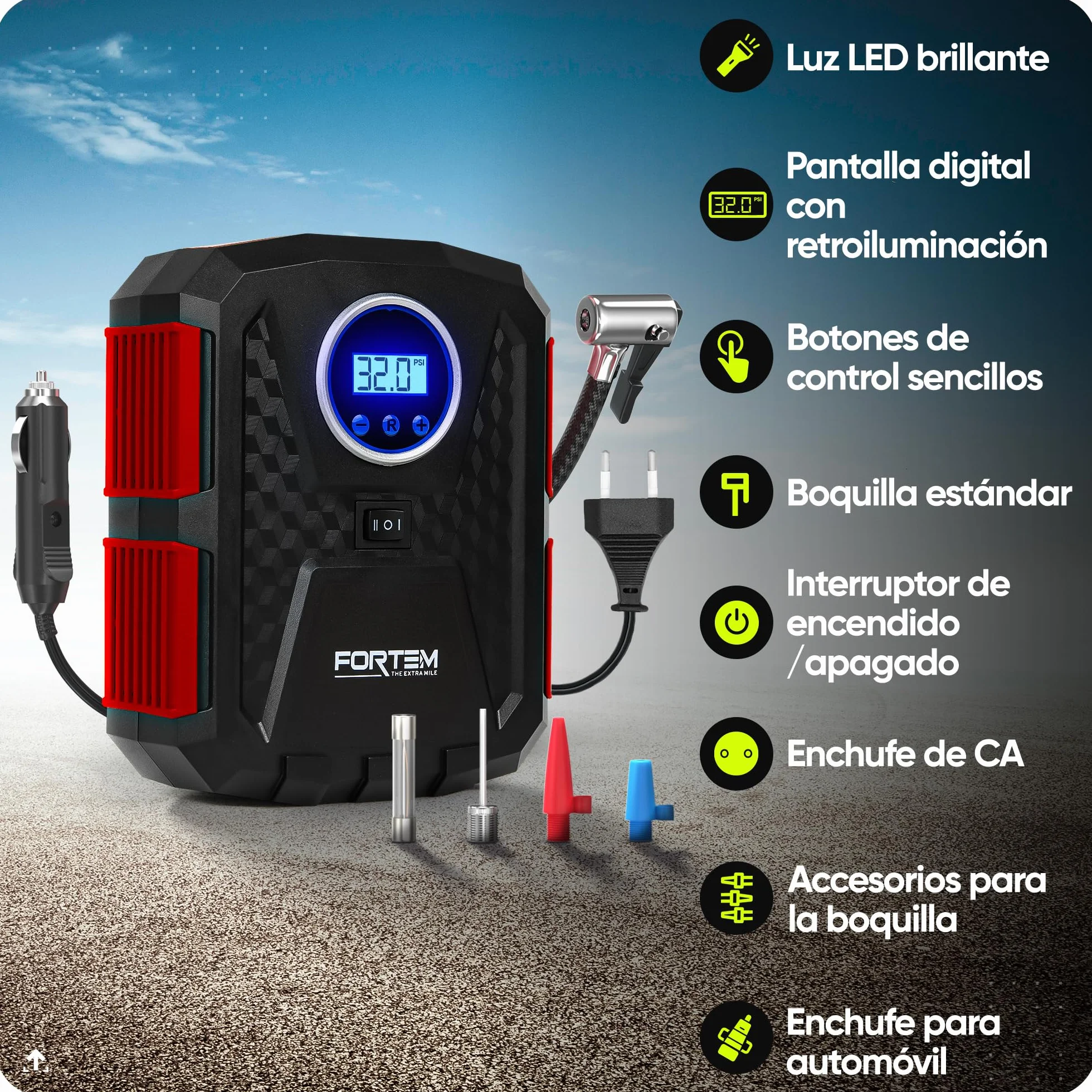 FORTEM Inflador de Ruedas de Coche, Compresor de Aire - Manómetro Digital, Autobombeo, Parada Automática - Bolsa de Transporte