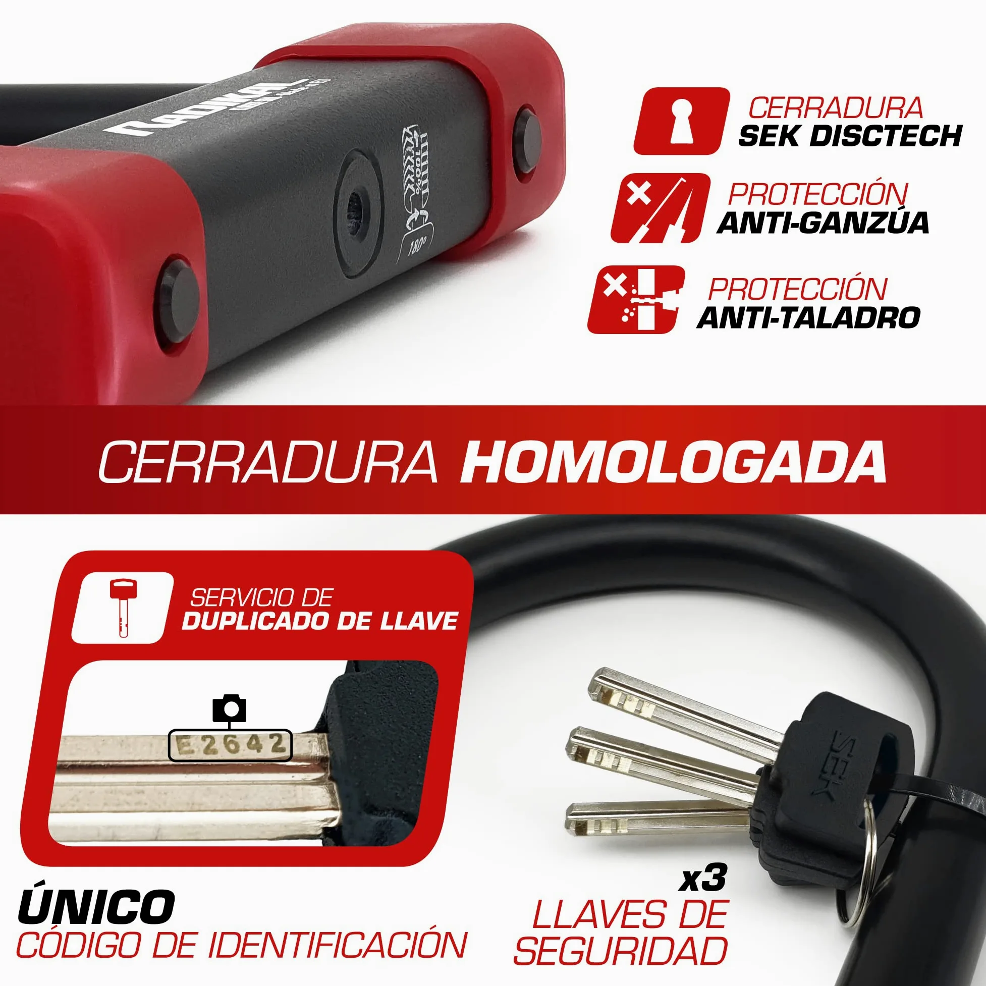 RADIKAL RK120310 Candado Moto U Premium Homologado SRA, 120x310mm Más Opciones Bloqueo, Arco ø18mm Acero Cementado Revestido de Doble Cierre, Cerradura Antirrobo U Lock Scooter, Bici Eléctrica