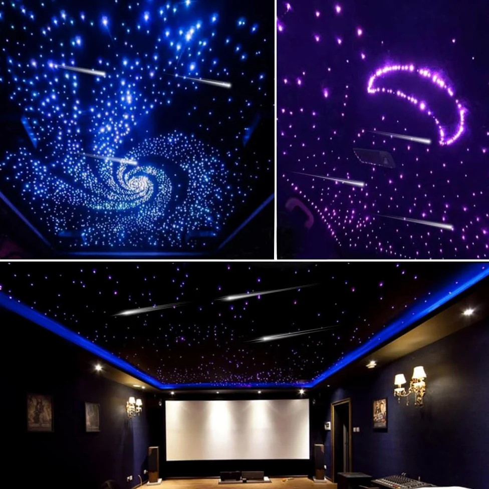 Lámpara de techo de 16 W con efecto cielo estrellado de fibra óptica para auto con 650 piezas * 0,75 mm * 3 m Twinkle Meteor 2 en 1 Modelo Música Sync APP Control para regalos de boda Luces de