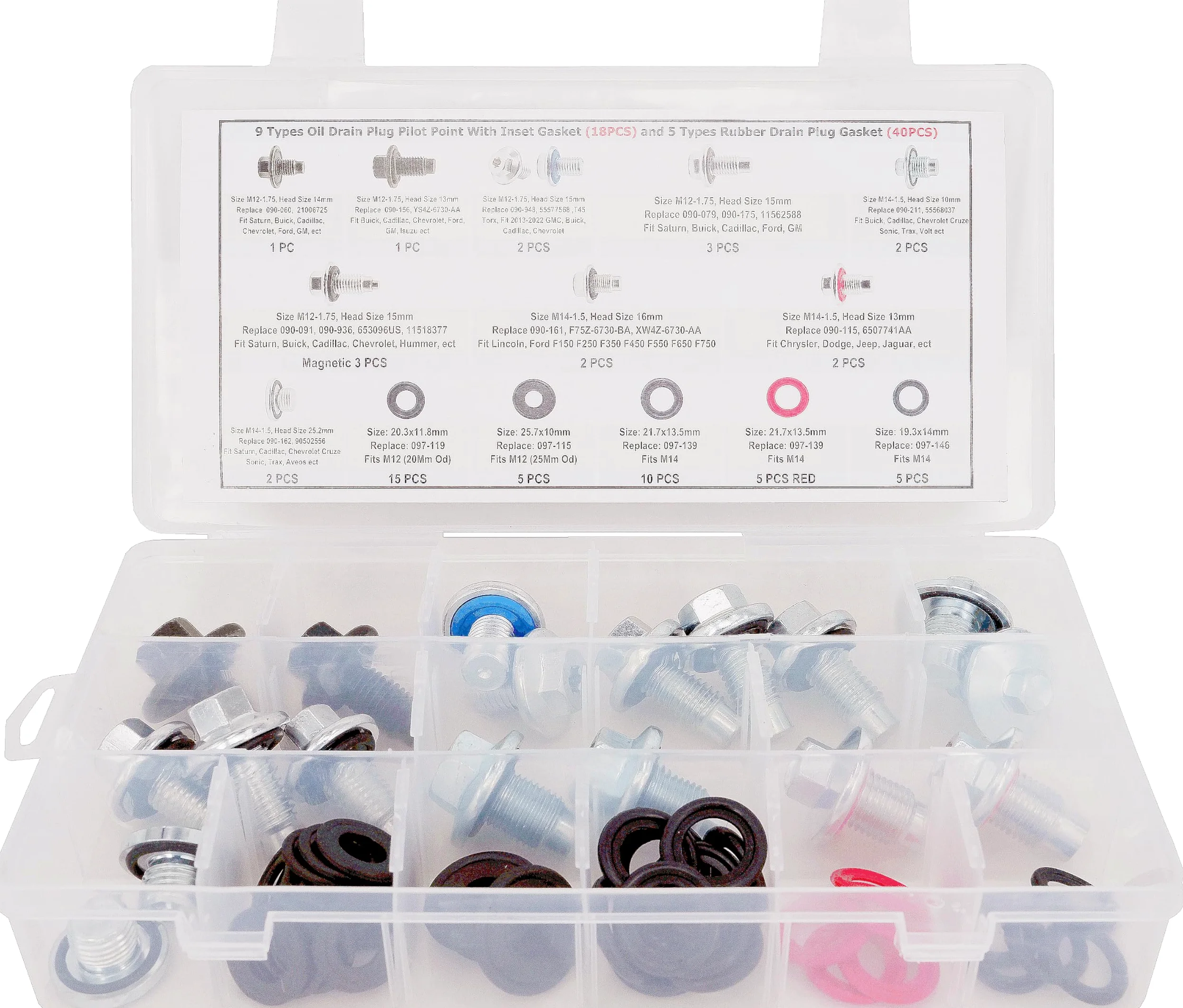 Surtido de 9 tipos de tapones de drenaje de aceite (18 piezas) y 5 tipos de juntas de goma (40 piezas) para GMC, Buick, Cadillac, Chevrolet, Ford, sustituye 090-115, 653116US, 090-091