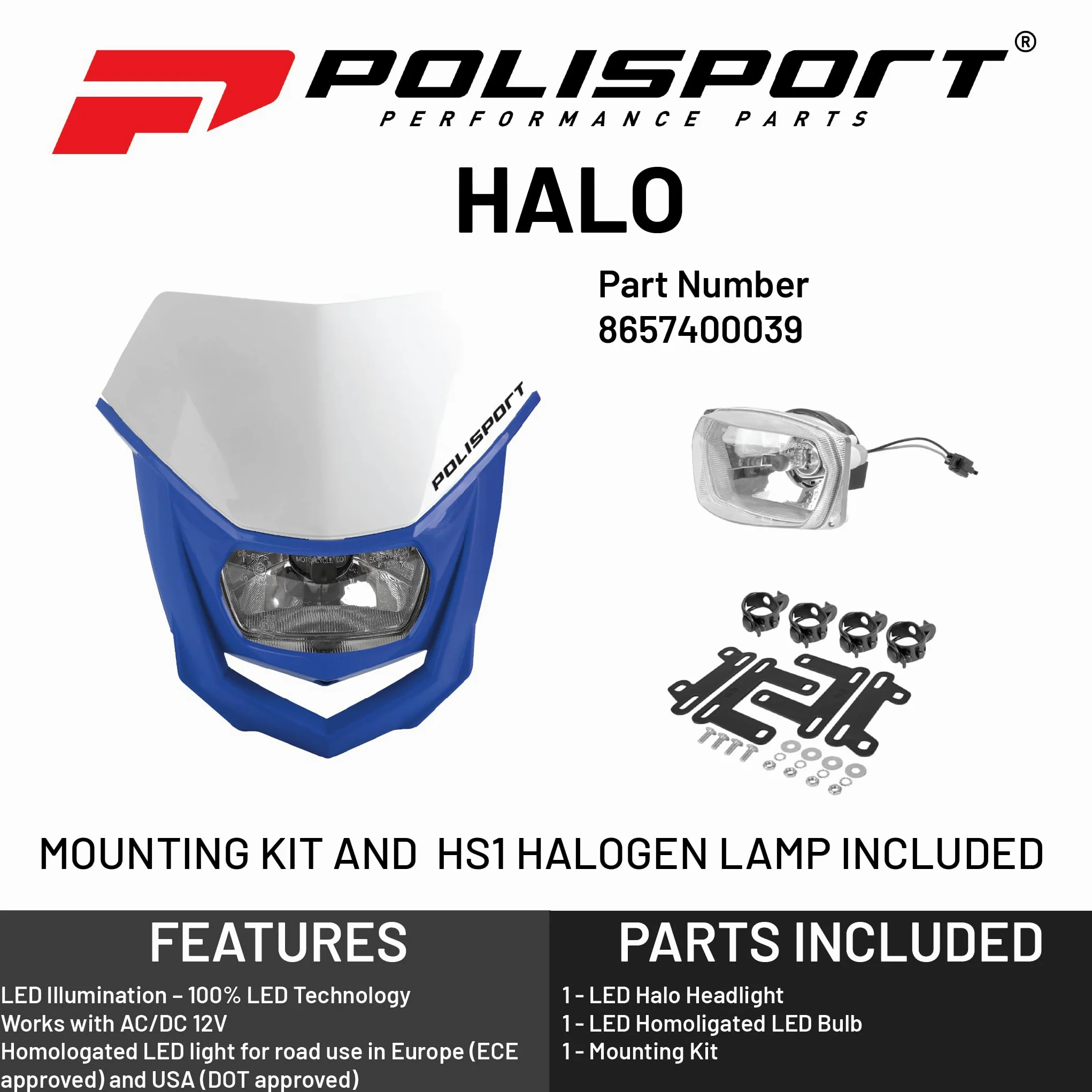 Polisport 8657400042 - Faro Delantero HALO de Polipropileno con lámpara de halógeno Compatible con Todos los Modelos de Motocross/Enduro en Color Blanco/Amarillo Fluor