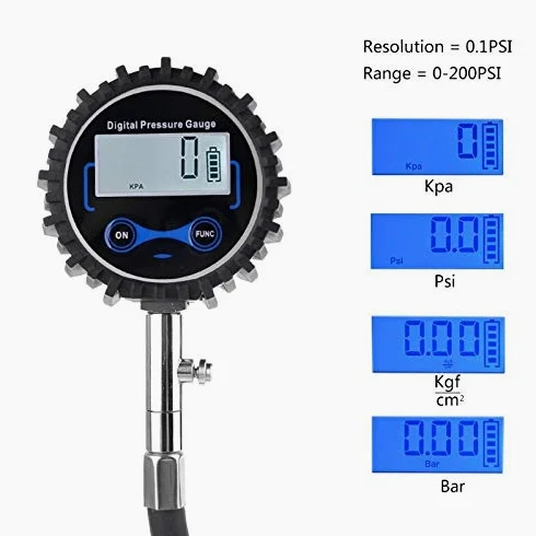 AGAATI Manómetro Digital para neumáticos, 200 PSI, Mandril de Aire Intercambiable, Compatible con Coches, Motocicletas, RV, SUV, Camiones, Bicicletas