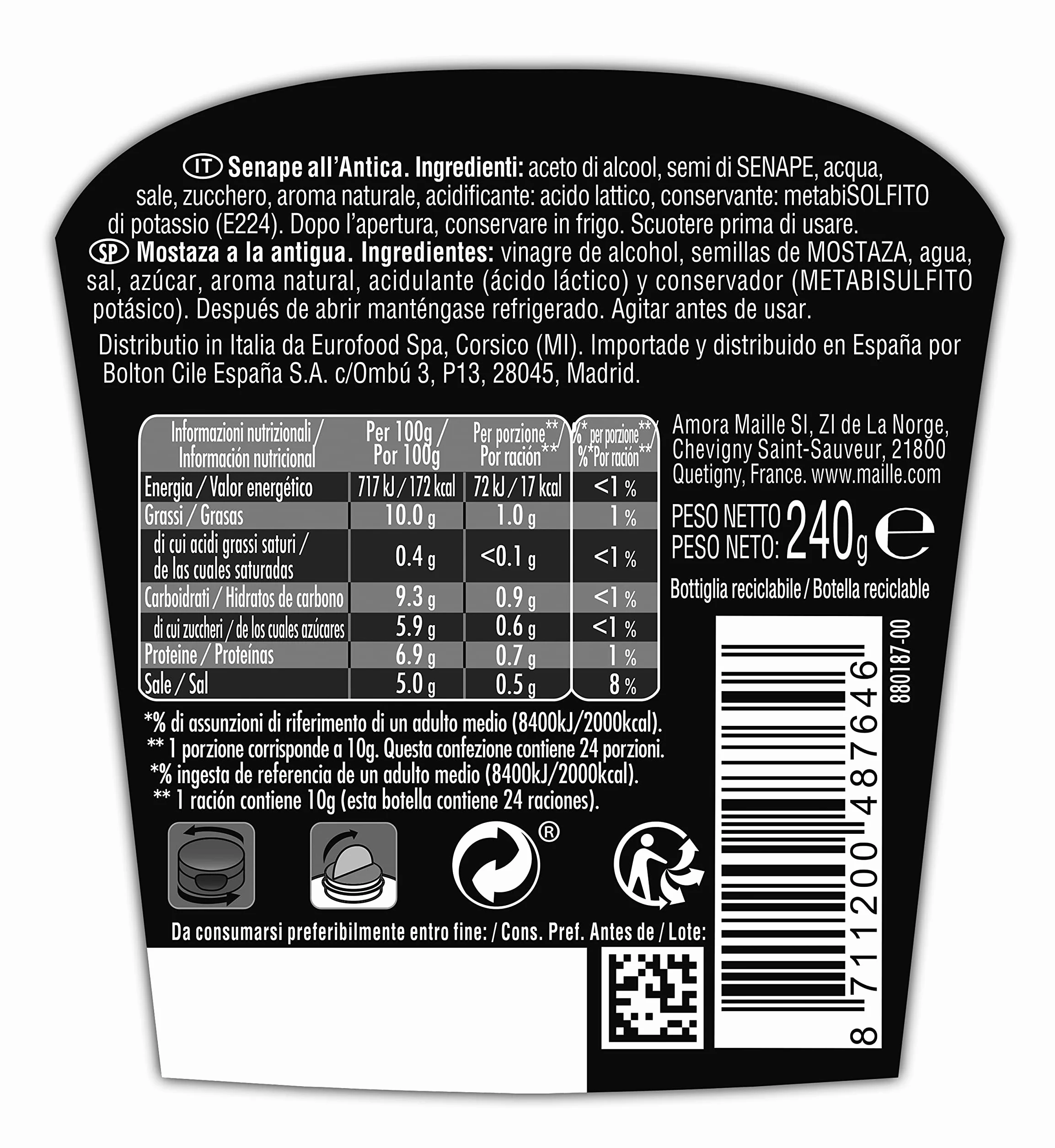 Maille Mostaza A La Antigua, Auténtica Mostaza Francesa Tradicional Granulada, Squeeze 240 ml