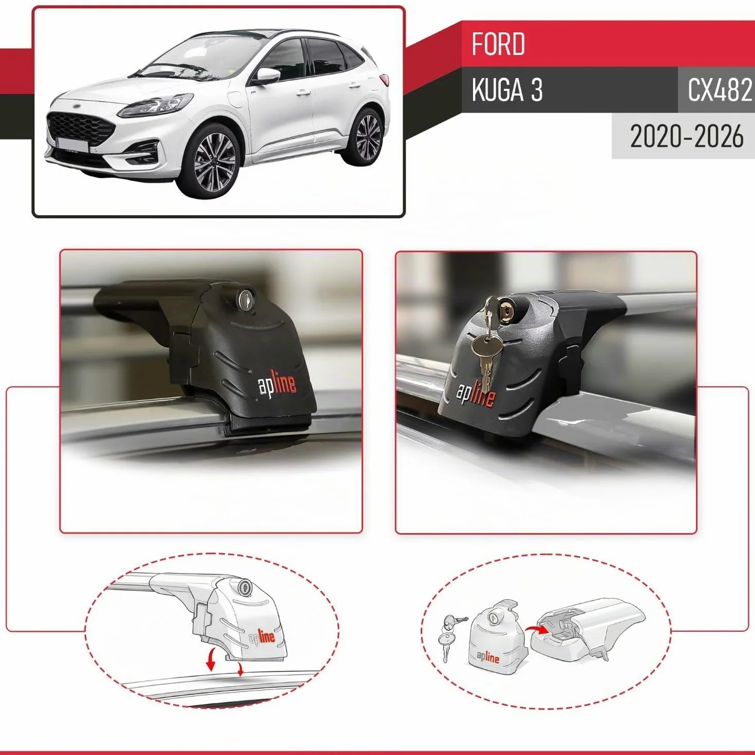 Compatible con Ford Kuga 3 (CX482) 2020-2026 Modelo Ace-2 Barra de Techo Auto Portaequipajes Barras Transversales Gris Aluminio 2 Barras