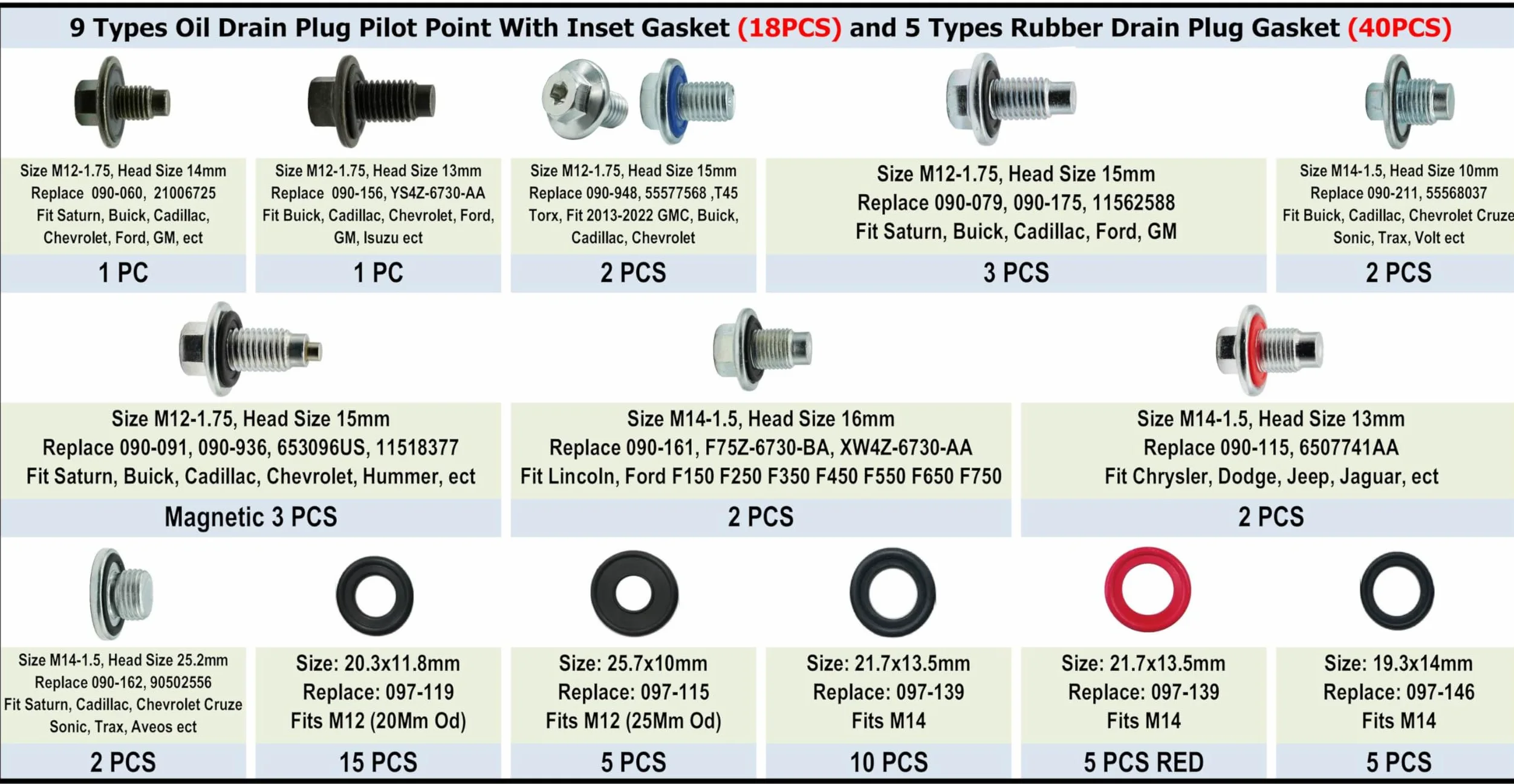 Surtido de 9 tipos de tapones de drenaje de aceite (18 piezas) y 5 tipos de juntas de goma (40 piezas) para GMC, Buick, Cadillac, Chevrolet, Ford, sustituye 090-115, 653116US, 090-091