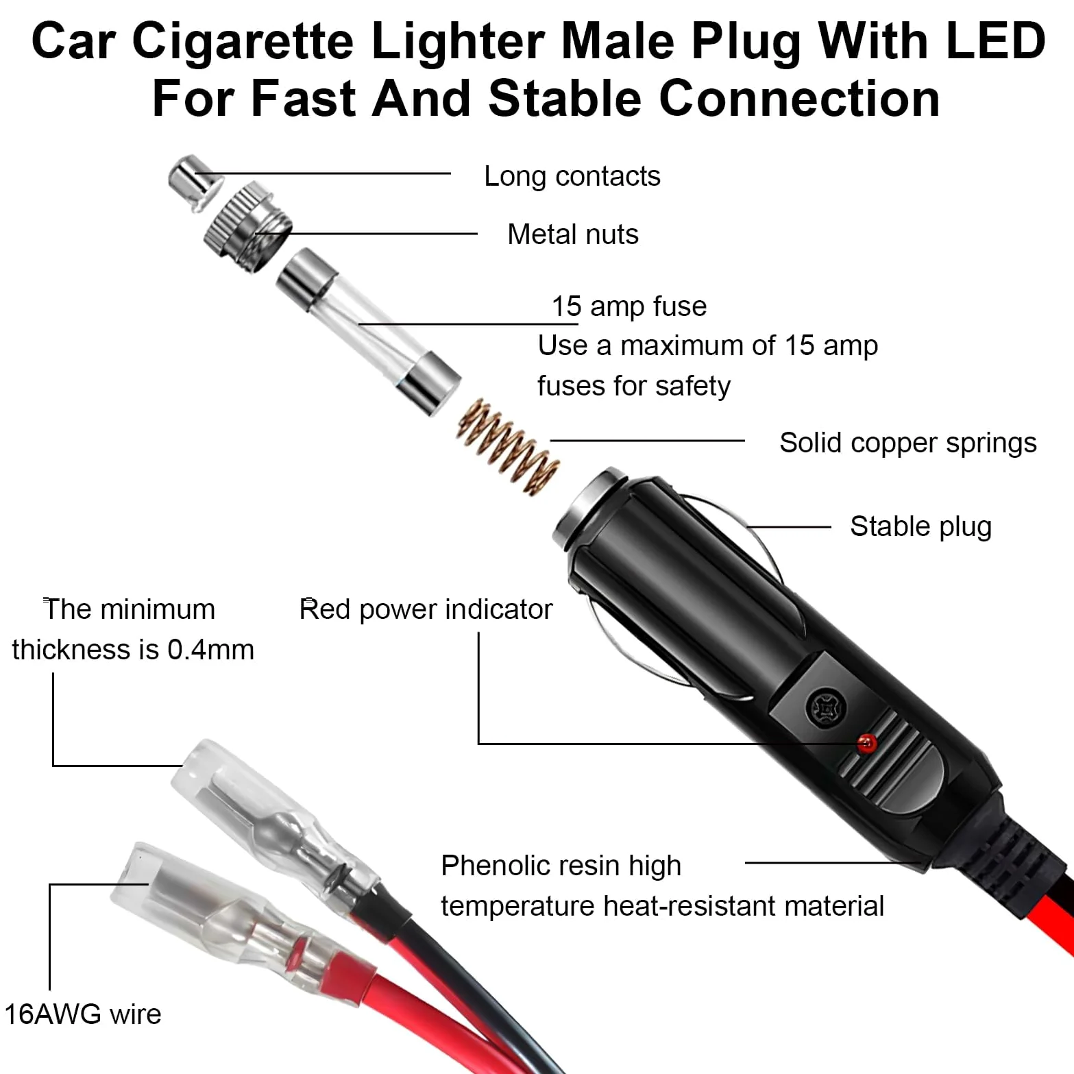 2Pz Encendedor de Cigarrillos Plug, Cable Conector Macho para Mechero de Coche de 12V-24V Enchufe de Mechero con Fusible Enchufe del Encendedor para Refrigeradores de Camiones, Reproductores de DVD