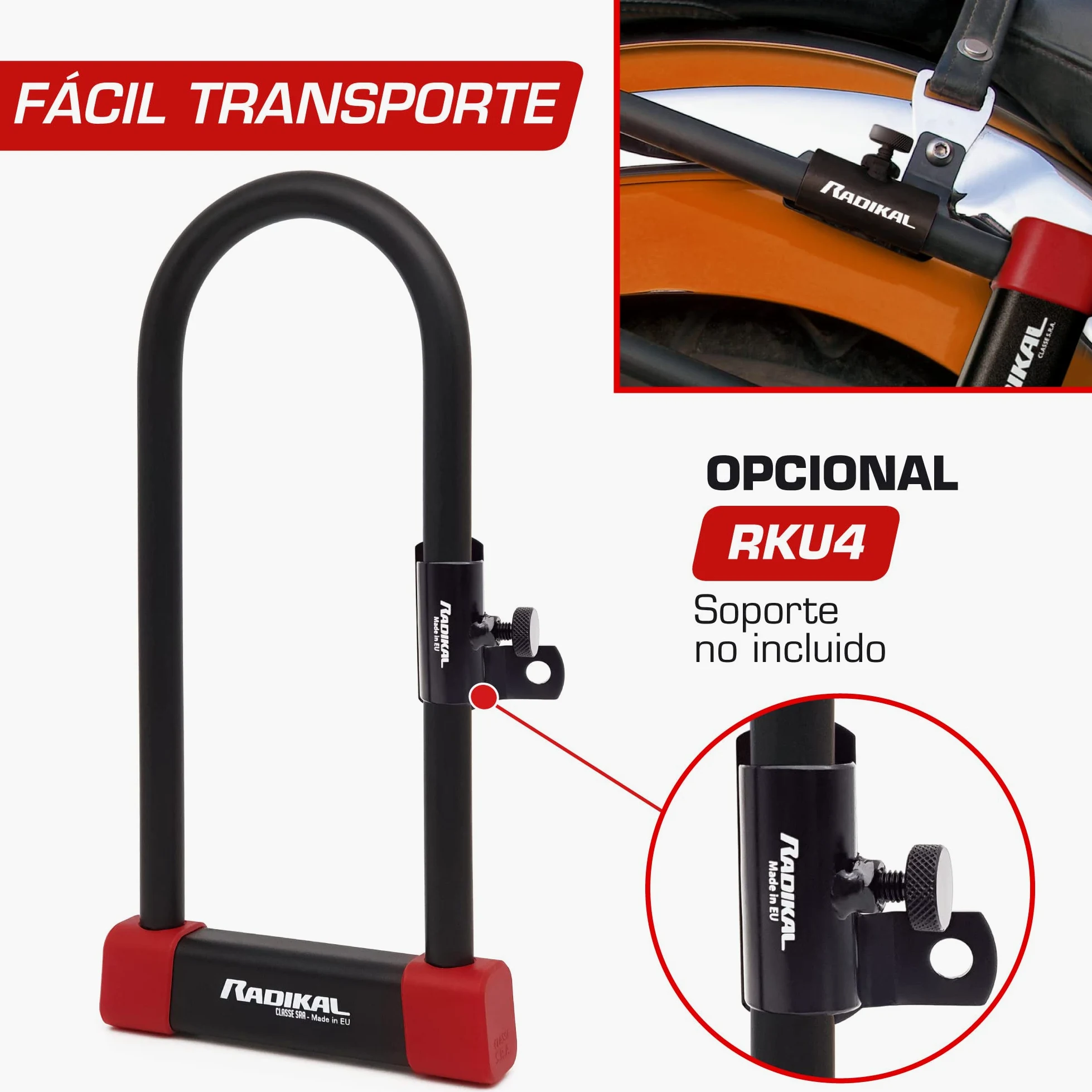RADIKAL RK120310 Candado Moto U Premium Homologado SRA, 120x310mm Más Opciones Bloqueo, Arco ø18mm Acero Cementado Revestido de Doble Cierre, Cerradura Antirrobo U Lock Scooter, Bici Eléctrica