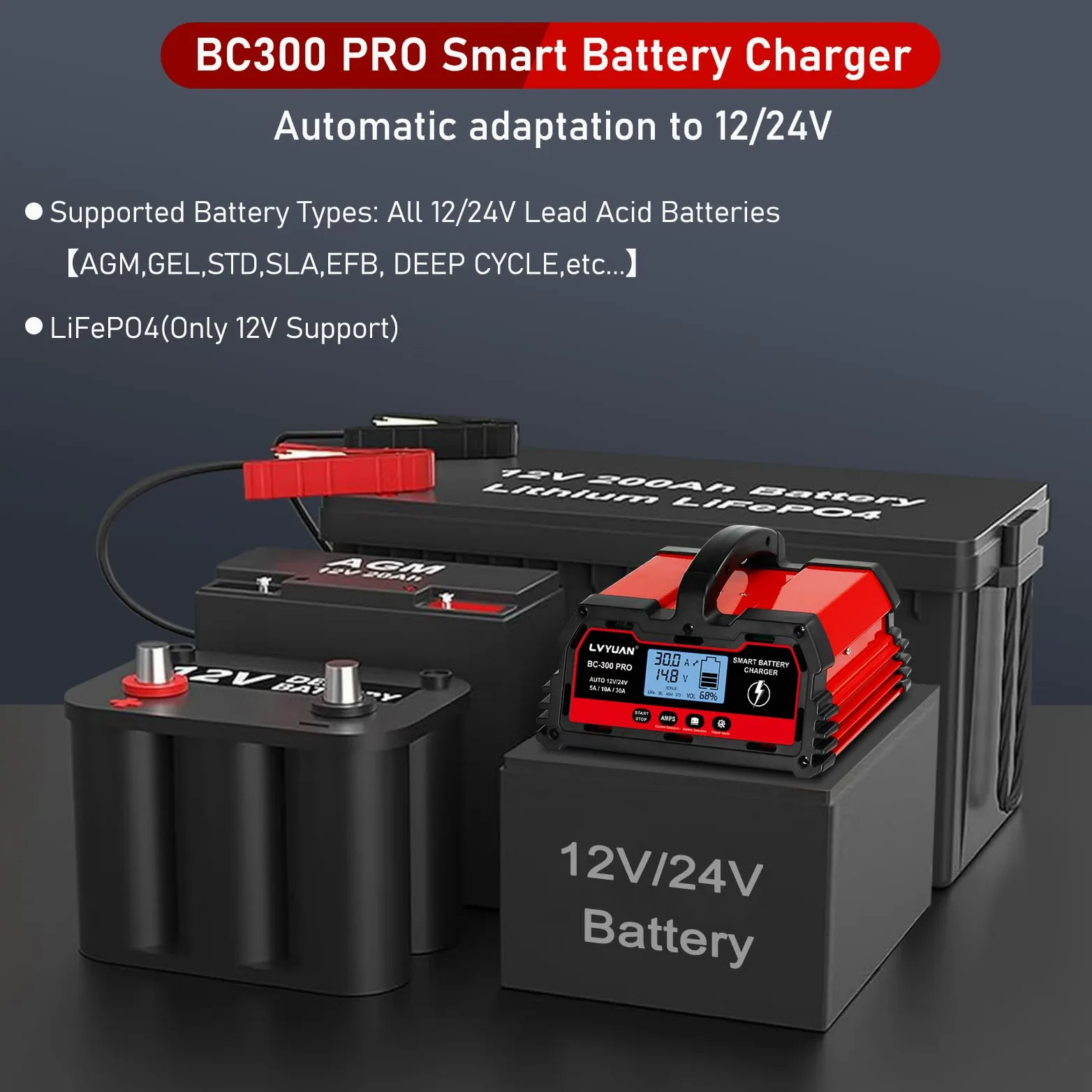 LVYUAN Cargador de batería Inteligente de Coche de 30 amperios, Cargador automotriz de 12 V/24 V, batería de Plomo-ácido, mantenedor de batería LiFePO4 con Pantalla LCD, Cargador de Goteo, para