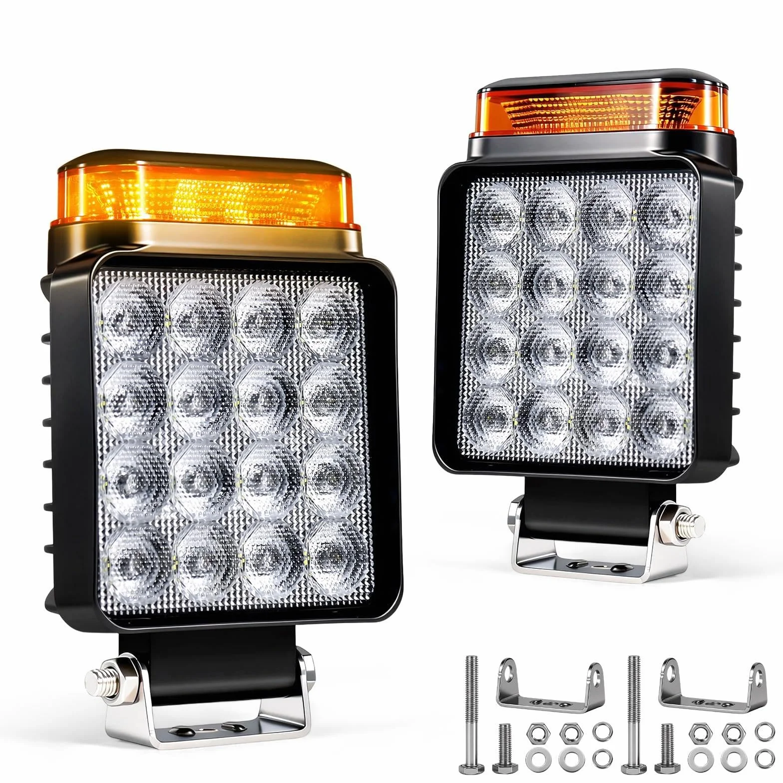 2x Faros de Trabajo LED con Luz de Advertencia (10 Modos), 18W 12V 24V Foco Adicional para Tractor, Camión y Excavadora, IP68 Impermeable y Resistente al Barro, 2 en 1 Luz de Marcha Atrás