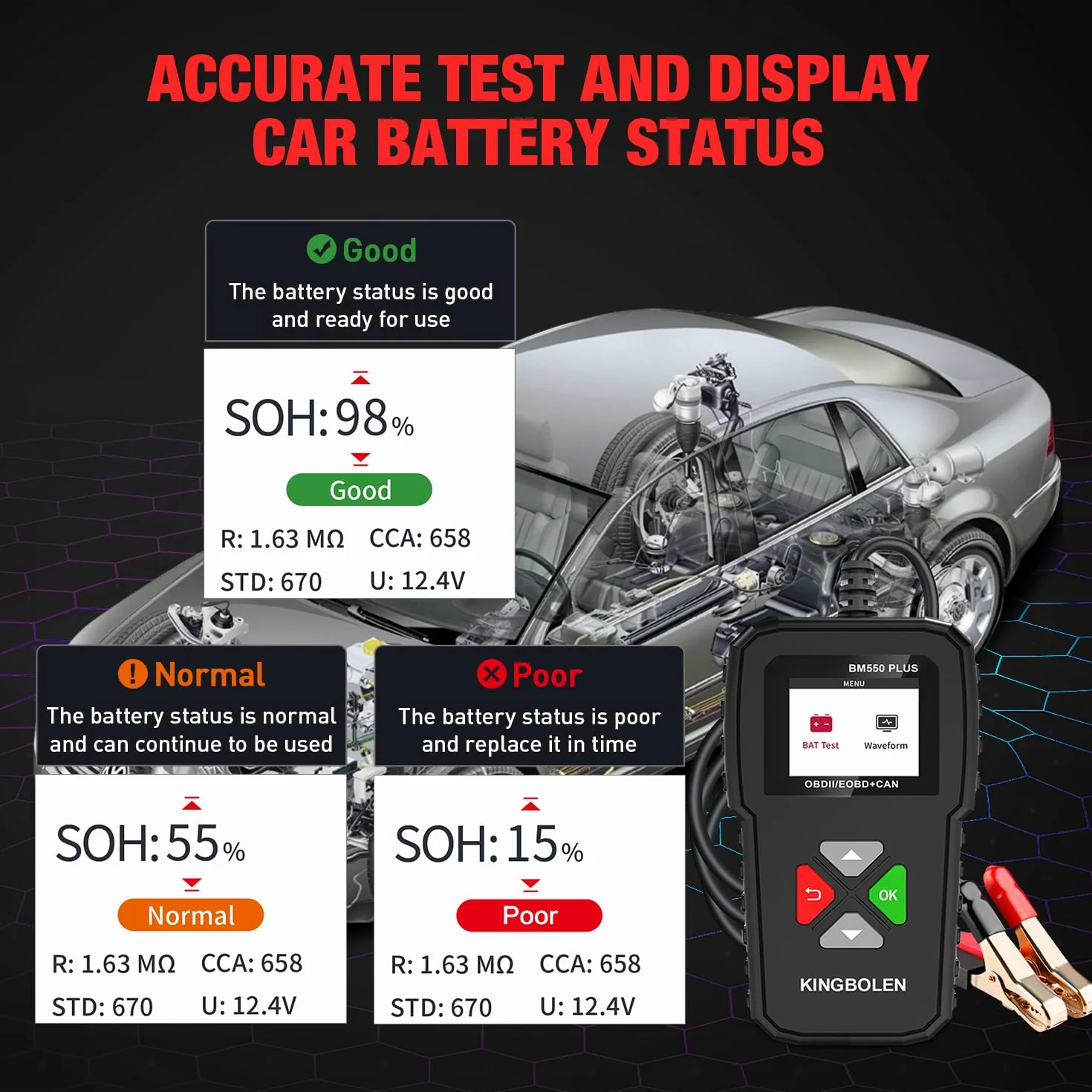 KINGBOLEN Comprobador de baterias de coche 24V/12V/6V, BM550 PLUS 2-220Ah 100-2000 CCA Pantalla LED arrancador baterias coches comprobador de pilas para coche apto para automóviles motocicleta ATV SUV