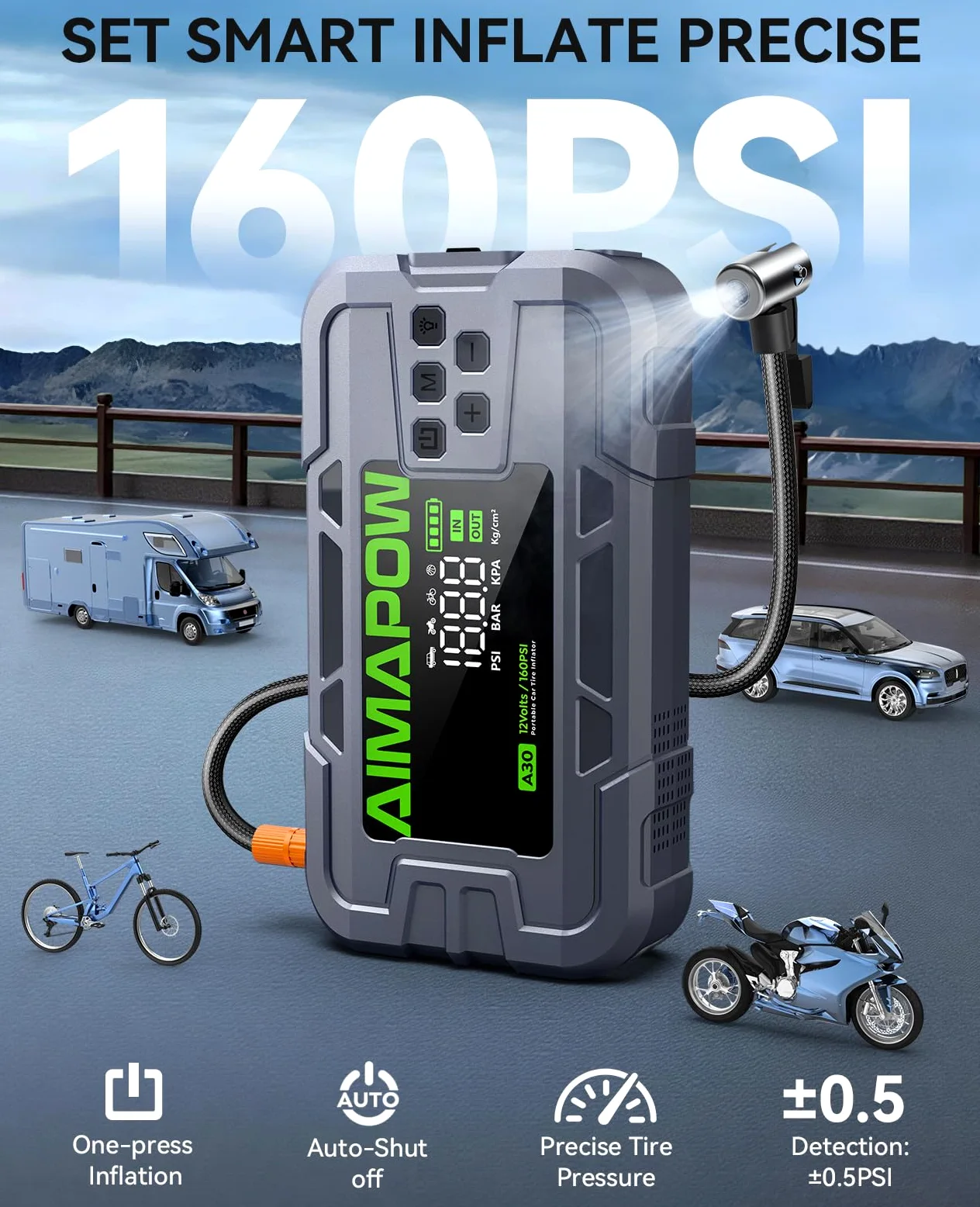 Arrancador de batería de coche con compresor de aire, 8000 A, 160 PSI | Todos los gases/12L Diesel, 12V portátil, carga rápida, luz LED de 270°