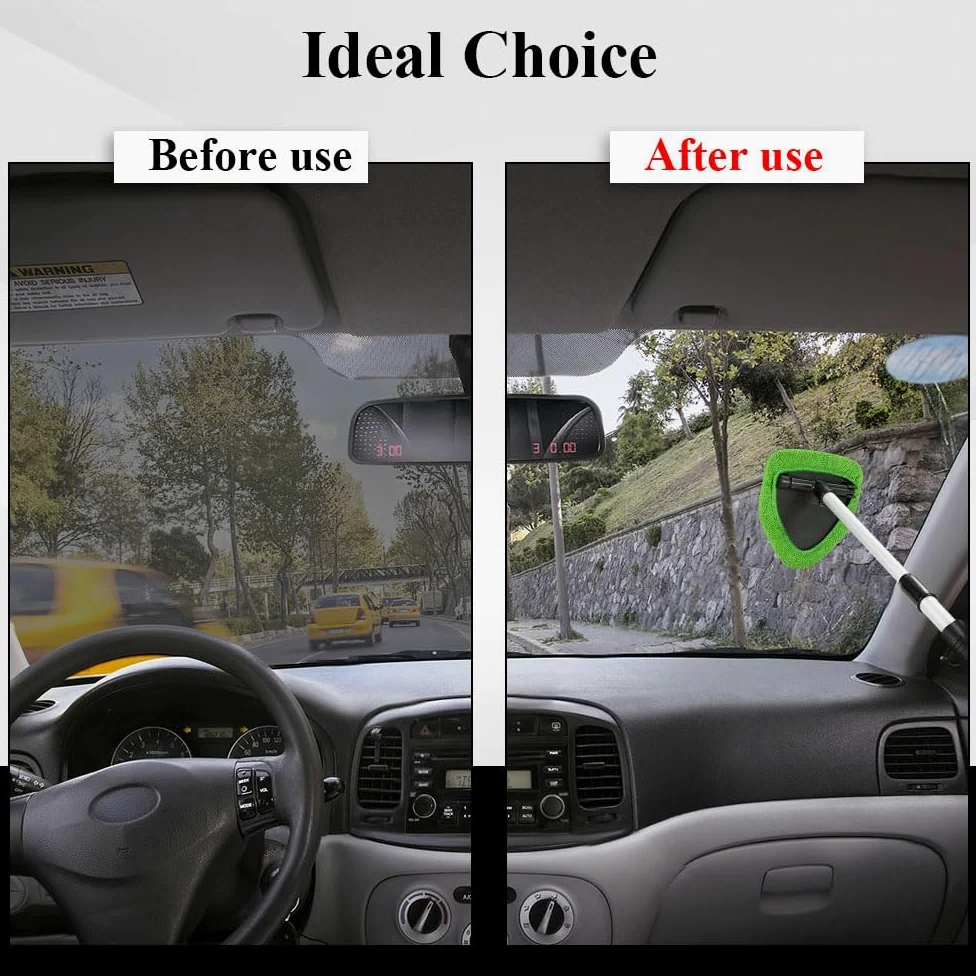 Herramienta de limpieza de parabrisas, limpiador de ventanas de coche, limpiador de parabrisas con 4 almohadillas de microfibra lavables reutilizables y mango extensible, kit de limpieza